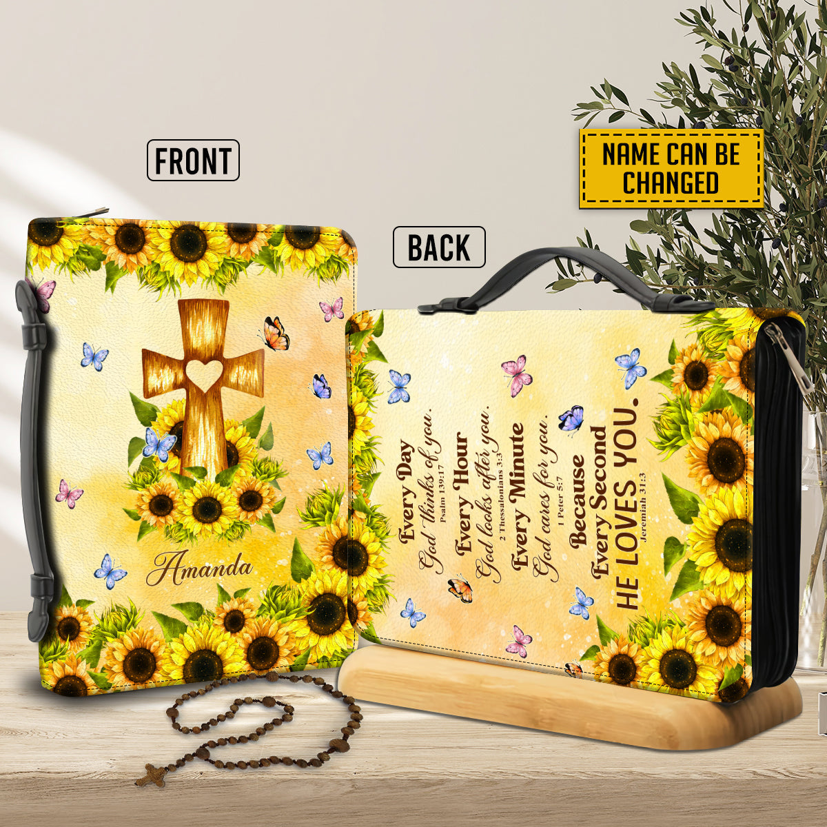 Teesdily | Customized Sunflower Butterfly Bible Cover, Bible Quotes Bible Holder, Every Day Go Thinks Of You Psalm 139:17 Bible Study, Gifts For Christian Handmade Bible Cover Case With Handle M-2XL