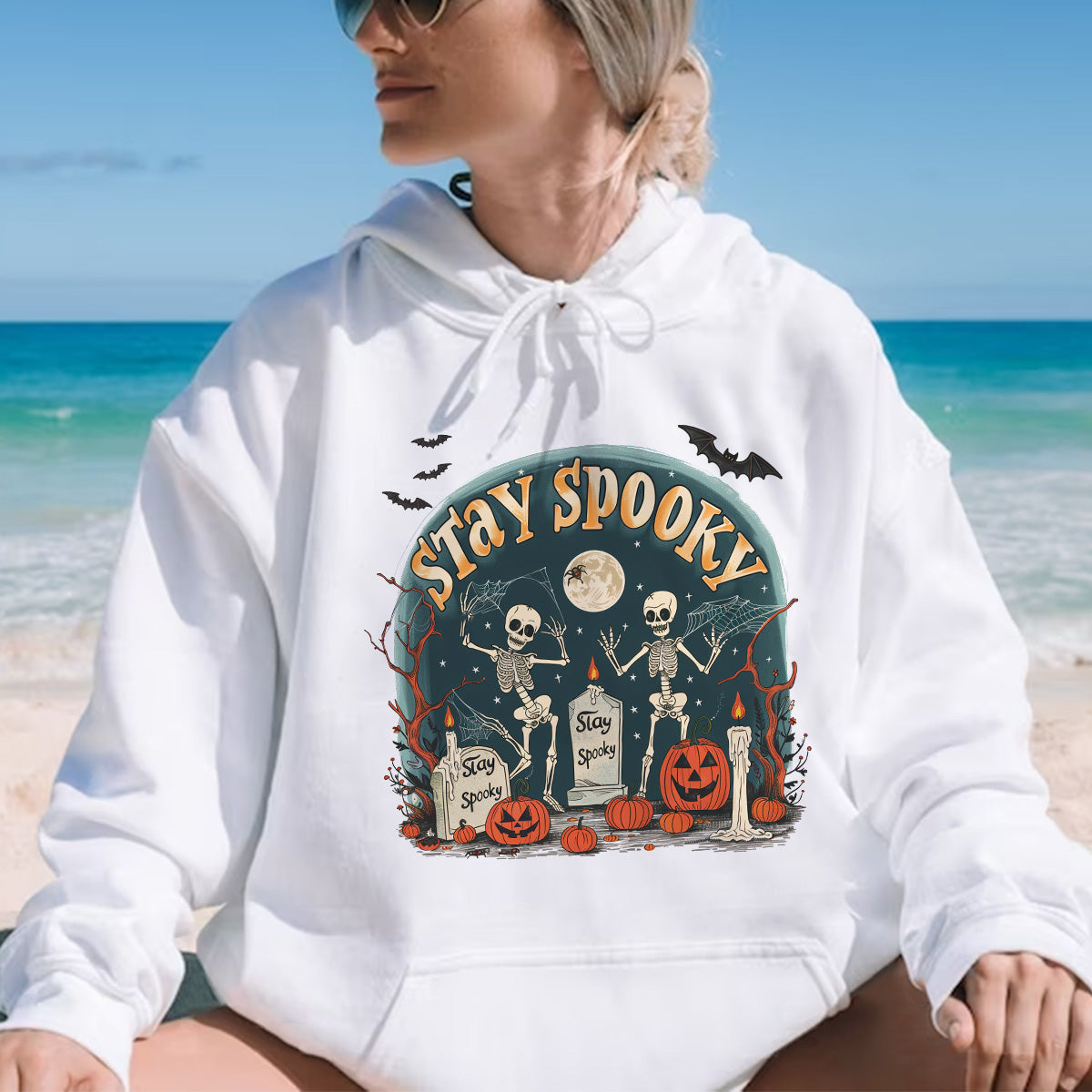 Teesdily | Skeleton Halloween Shirt, Stay Spooky Shirt, Dancing Skeleton Shirt, Retro Halloween Spooky Season Sweatshirt Hoodie Mug