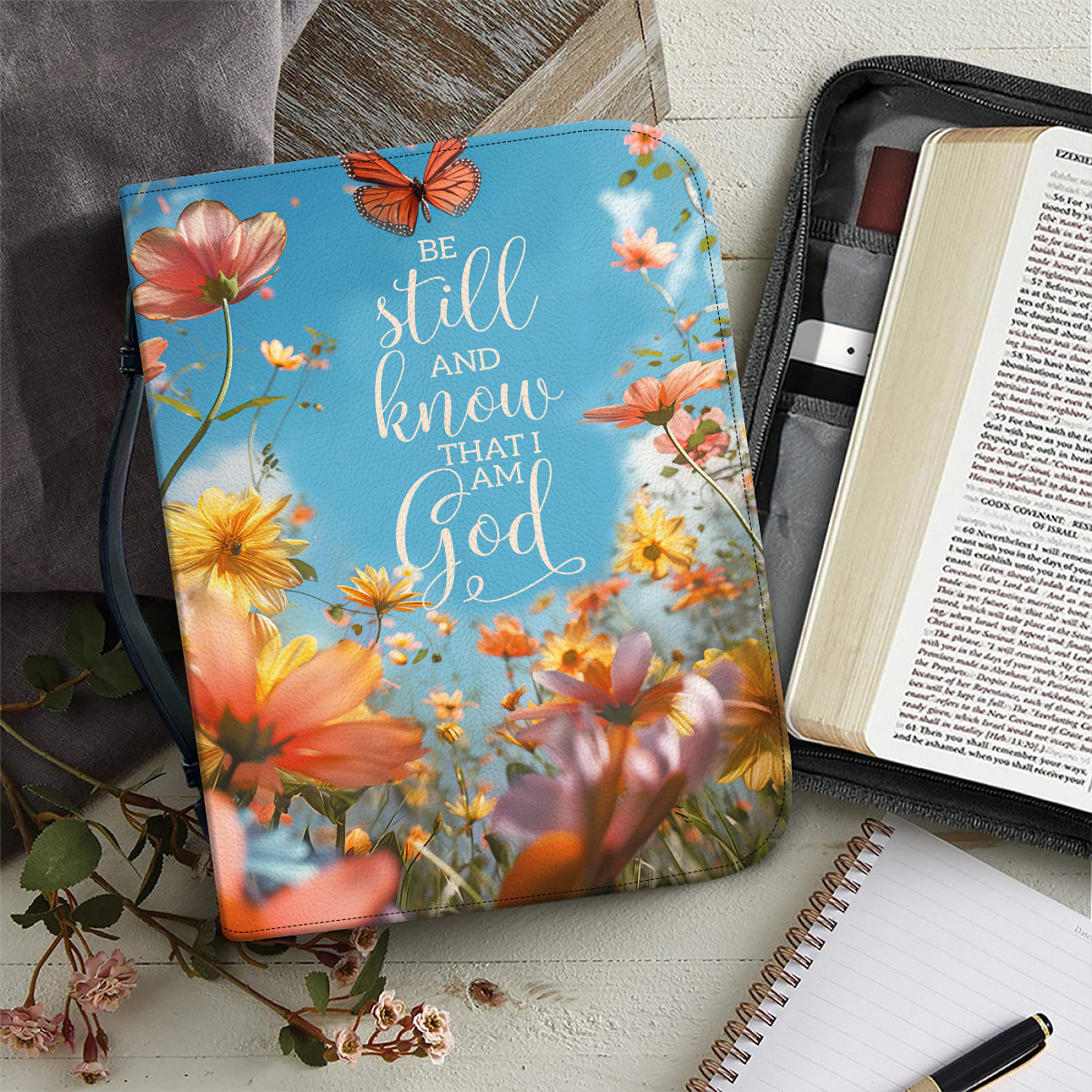 Teesdily | Jesus Flower Butterfly Bible Cover, Be Still And Know That I Am God, God Lovers Gift, Religious Gift, Handmade Bible Cover Case With Handle M-2XL