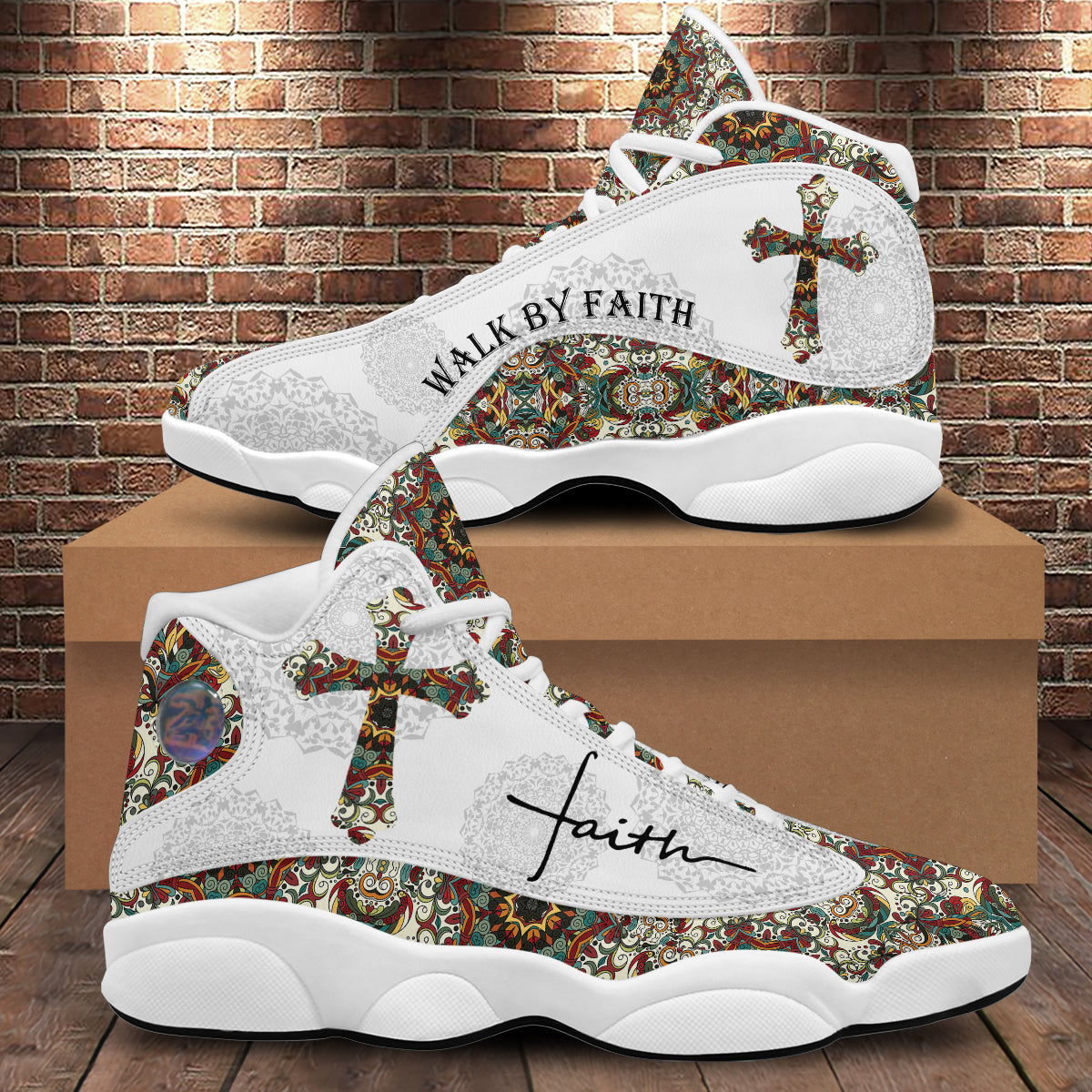 Teesdily | Walk By Faith Boho Design Flower Style Basketball Shoes, God Lover Religious Gifts Men And Women Basketball Shoes With Thick Soles