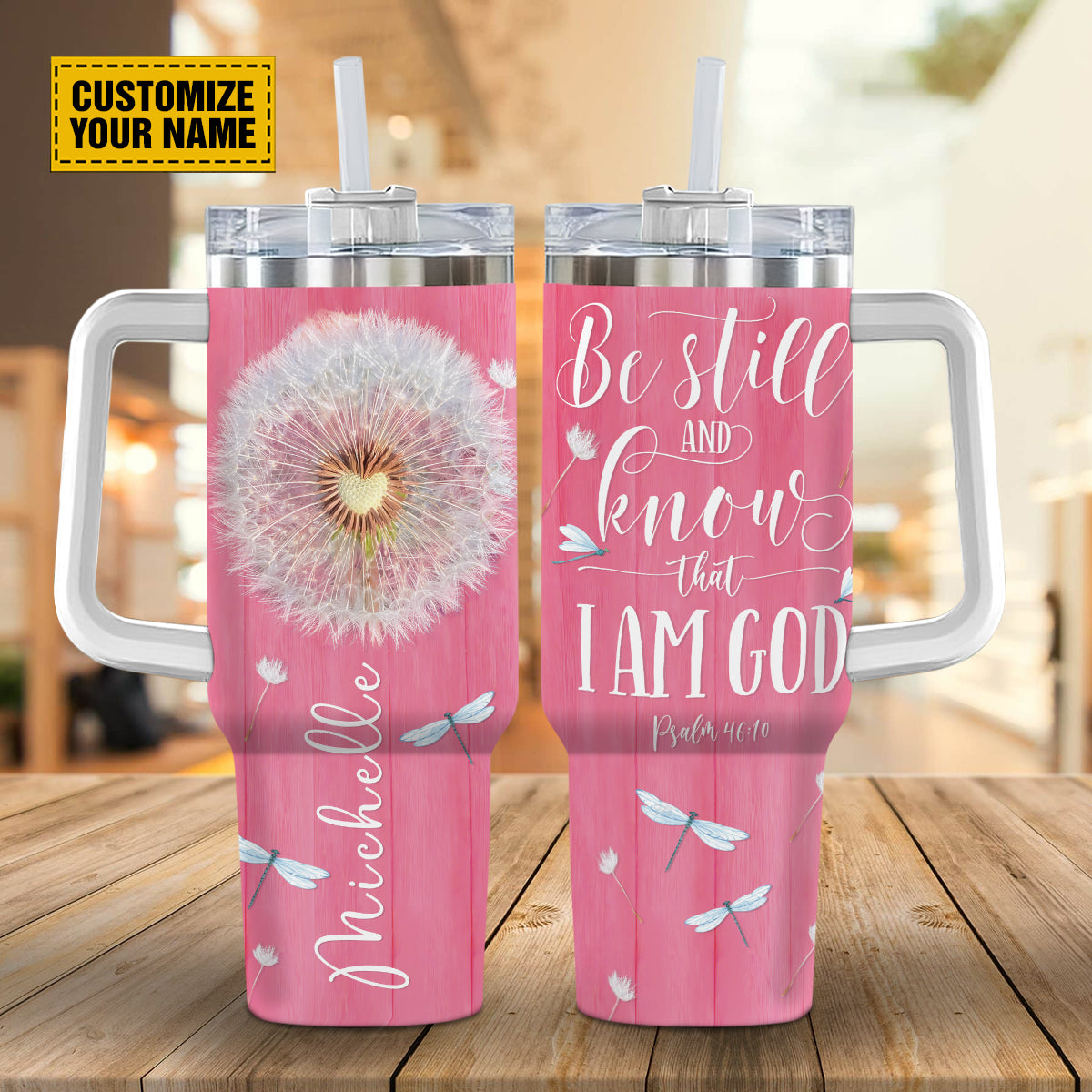 Teesdily | Customized Dandelion Dragonfly Tumbler Cups, Be Still And Know That I Am God, Christian Gifts For Women, Religious Gifts 40Oz Tumbler With Handle & Straw