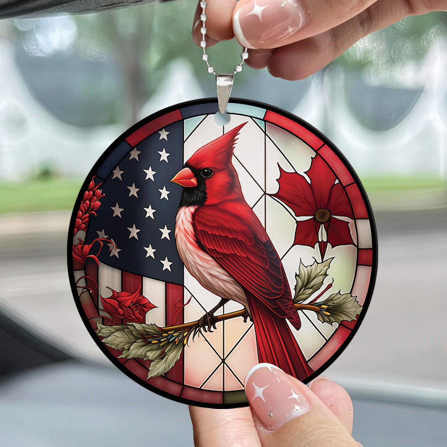 Teesdily | Cardinal Bird American Flag Ceramic Ornament, Cardinal Bird Red Design Acrylic Ornament Christmas Decoration, Church Religious Jesus Lovers Gifts