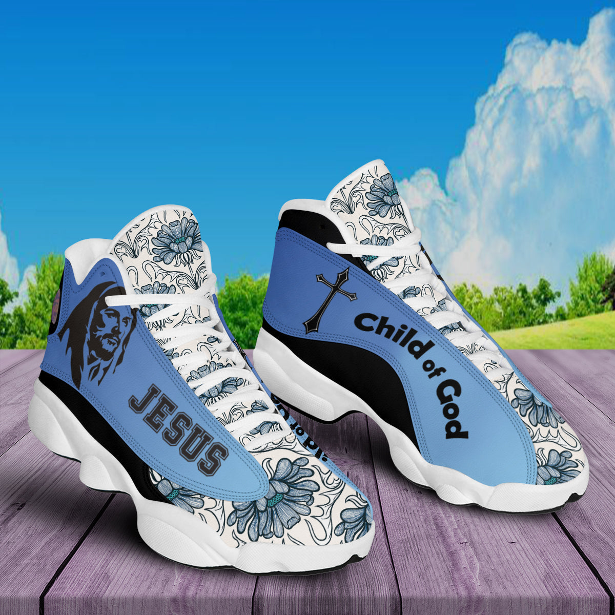 Teesdily | Jesus Child Of God Basketball Shoes, God Floral Pattern Shoes, Gift For Jesus Lovers, Running Shoes, Christian Footwear Gifts Unisex Basketball Shoes With Thick Soles