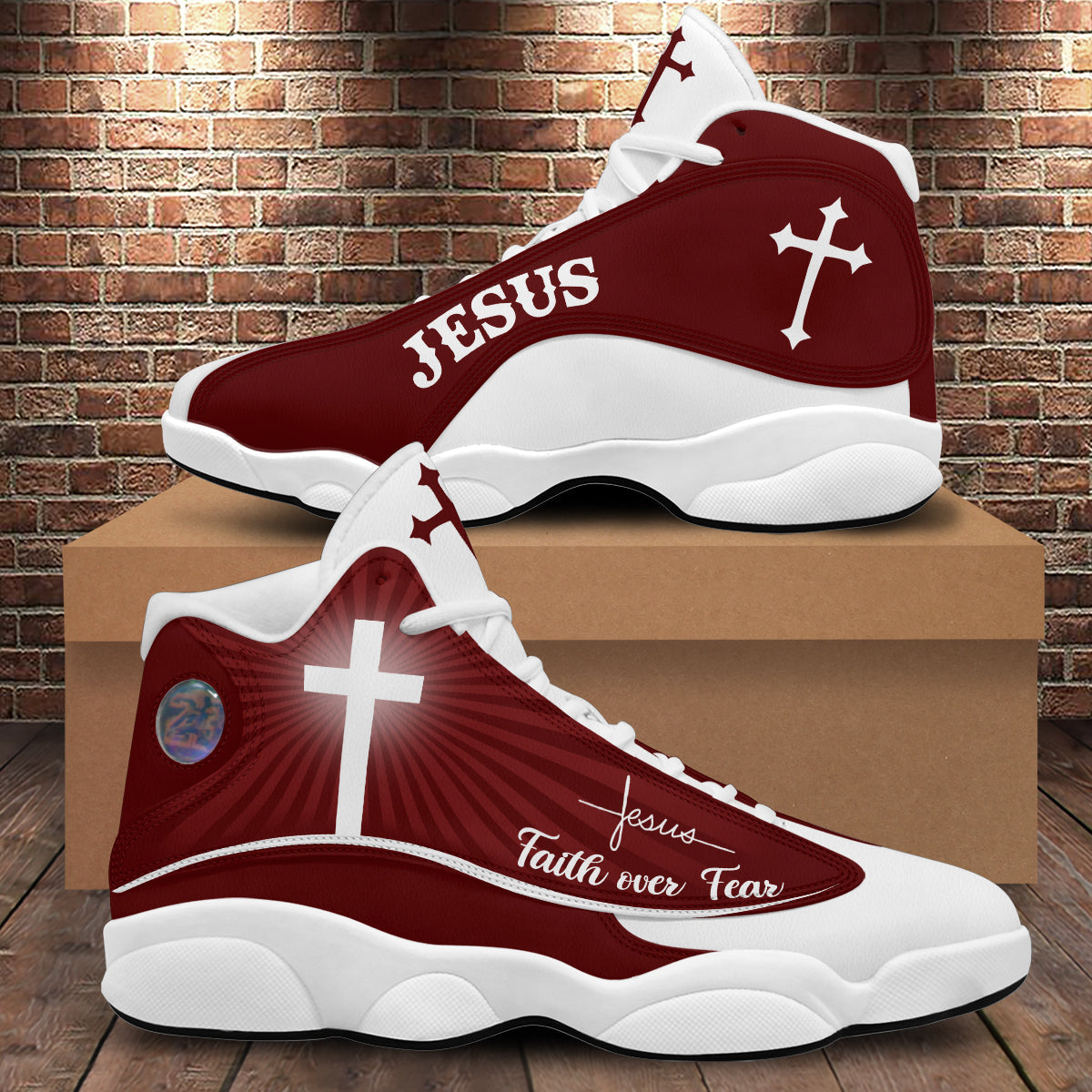 Teesdily | Jesus Faith Over Fear Basketball Shoes, Jesus Basketball Shoes Red Design, Gift For Jesus Lovers, Christian Gifts Unisex Basketball Shoes With Thick Soles