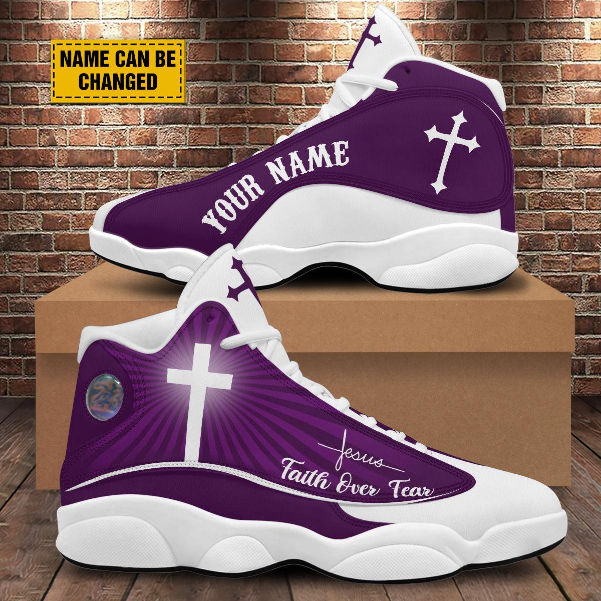 Teesdily | Jesus Faith Over Fear Basketball Shoes, Jesus Basketball Shoes Purple Design, Gift For Jesus Lovers, Christian Gifts Unisex Basketball Shoes With Thick Soles