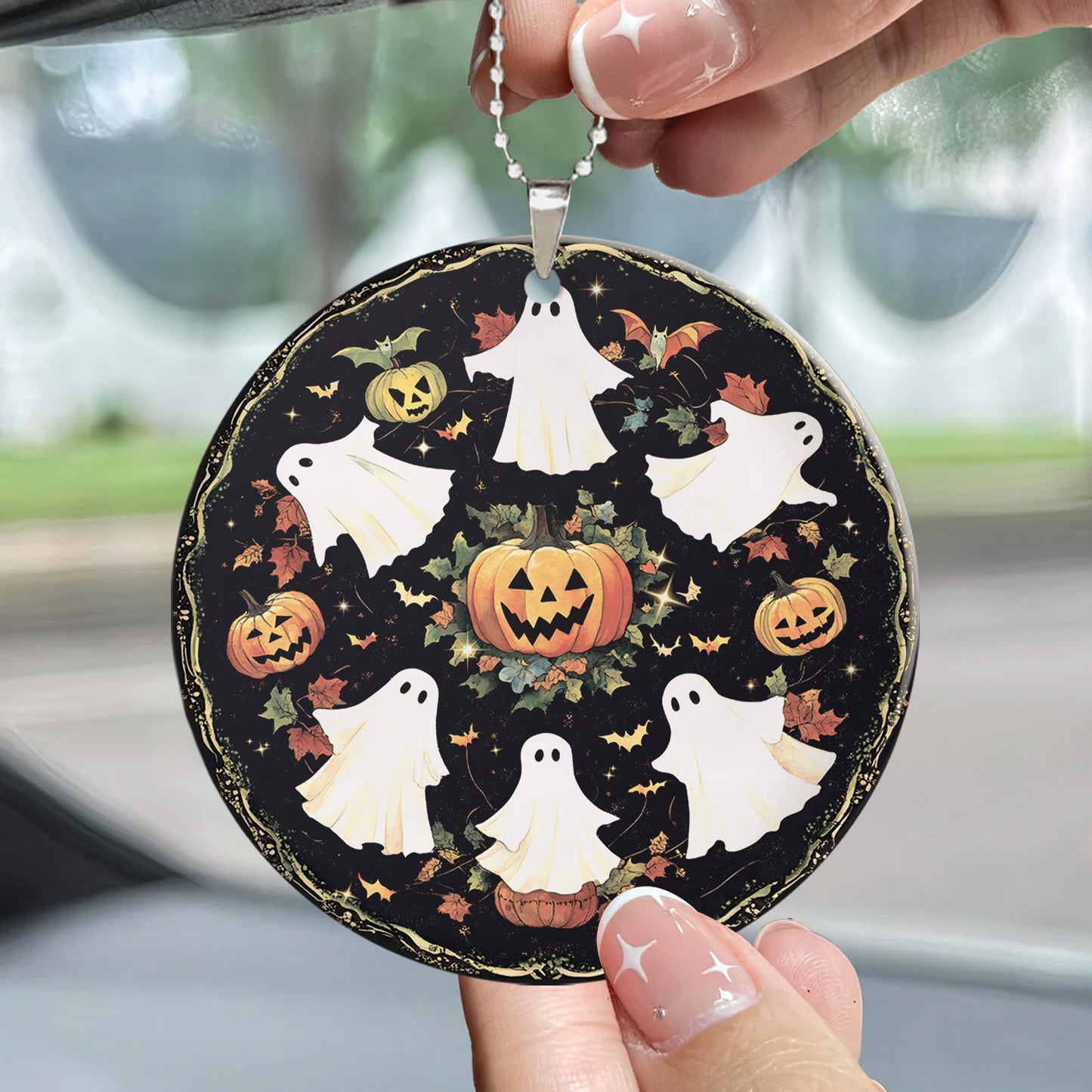 Teesdily | Halloween Cute Ghost Pumpkin Ceramic Ornament, Spooky Halloween Acrylic Ornament, Boo Boo Crew Window Hanging Ornament, Halloween Gifts