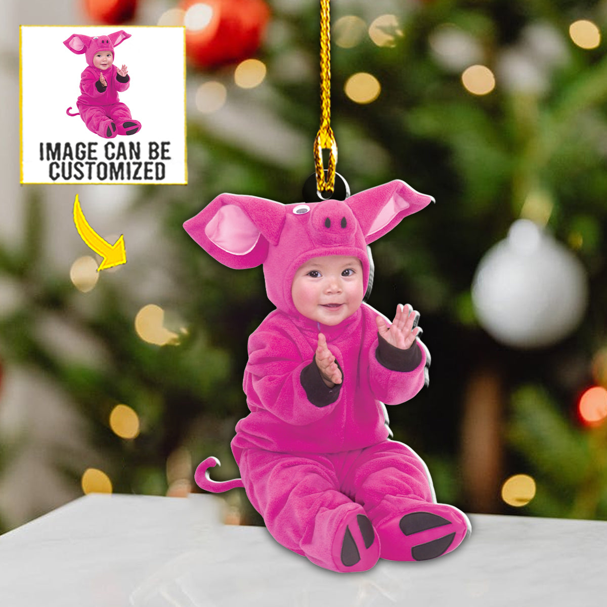 Teesdily | Customized Baby Pig Costume Christmas Hanging Ornament Personalised Photo Christmas Ornament Merry Christmas Daughter Son Gifts