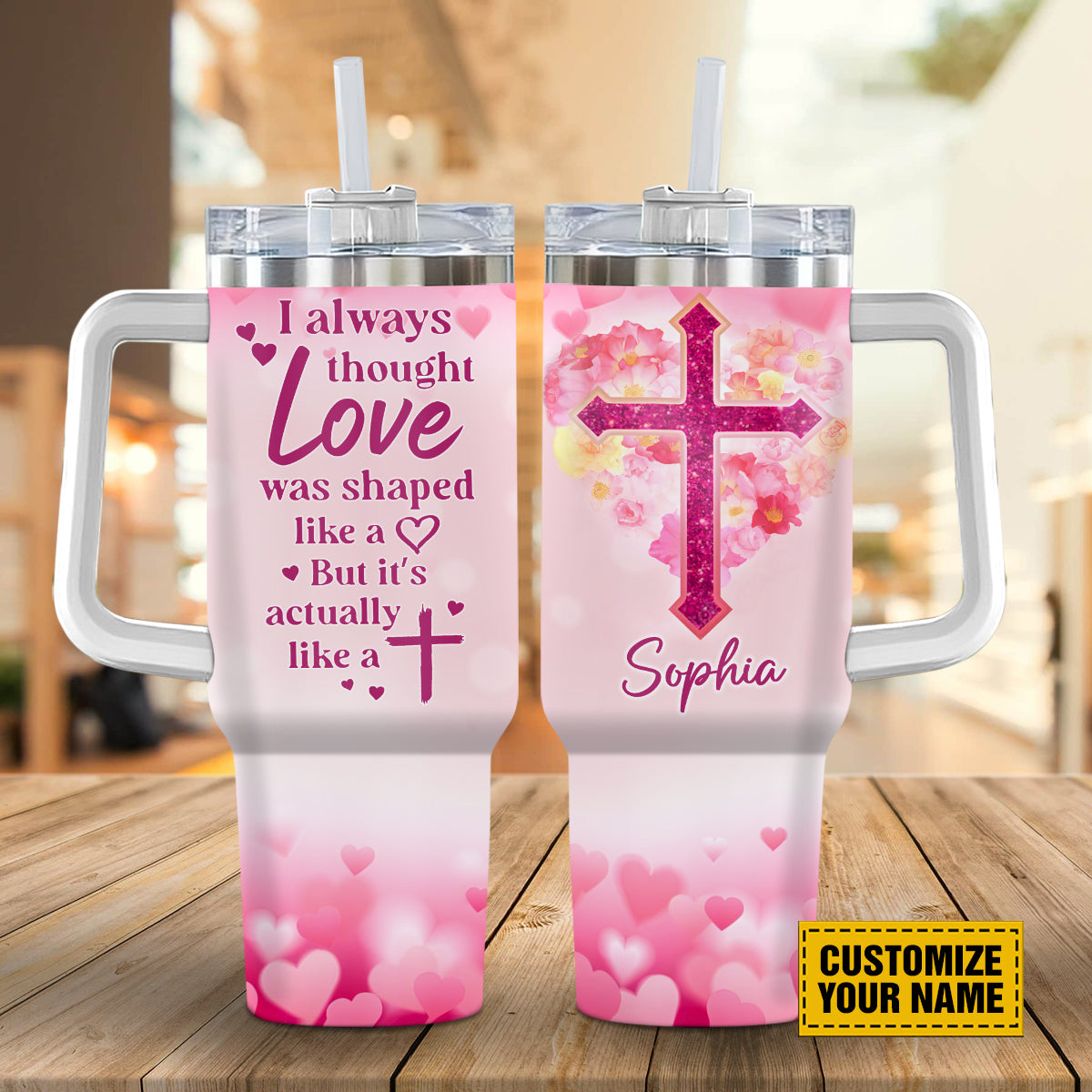 Teesdily | Customized Jesus Cross Water Tumbler, Love Was Shaped Like A Cross Tumbler, God Lover Custom Gifts 40Oz Tumbler With Handle & Straw