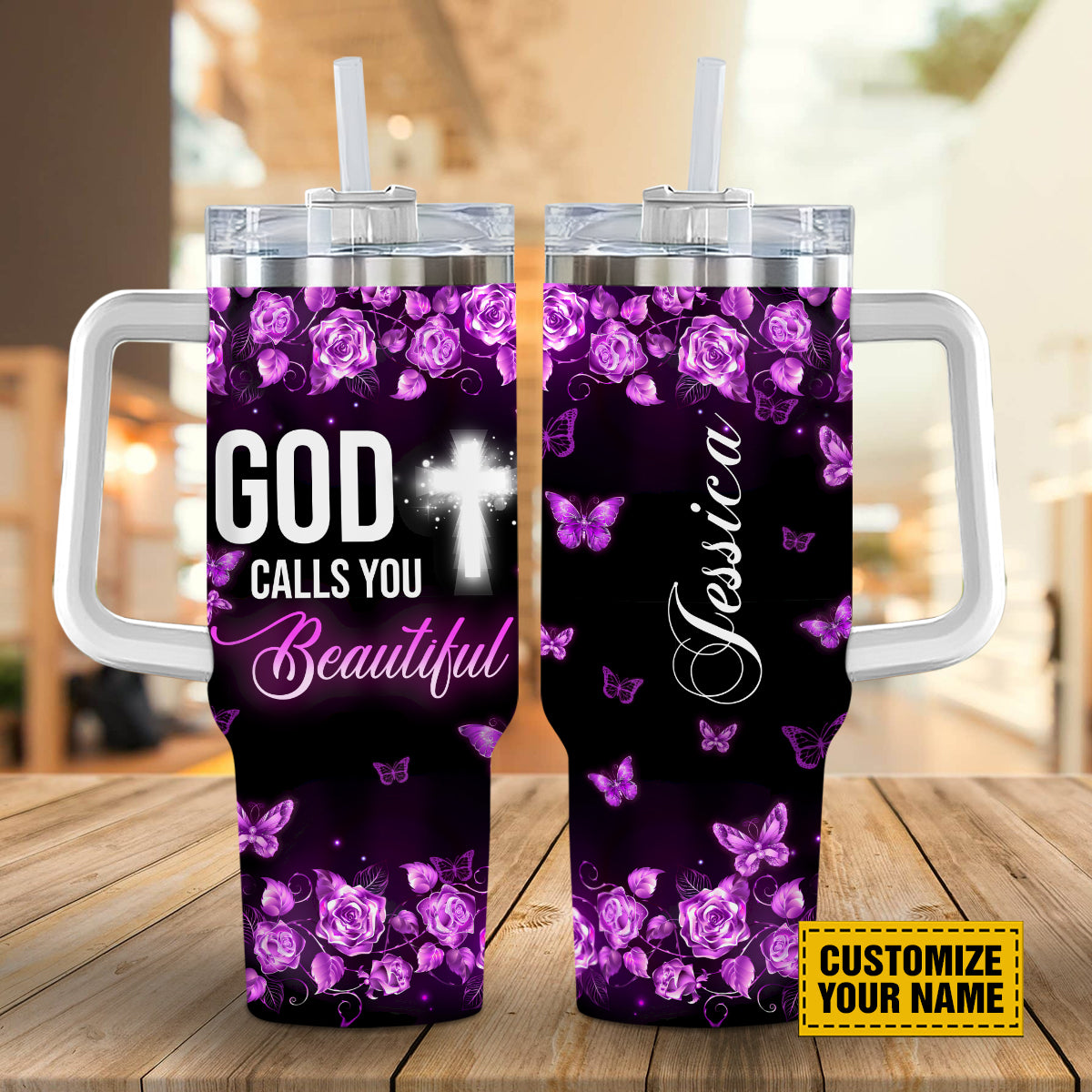 Teesdily | Customized Jesus Butterfly Rose Water Cup, God Calls You Beautiful Tumbler, Christian Gifts For Women 40Oz Tumbler With Handle & Straw