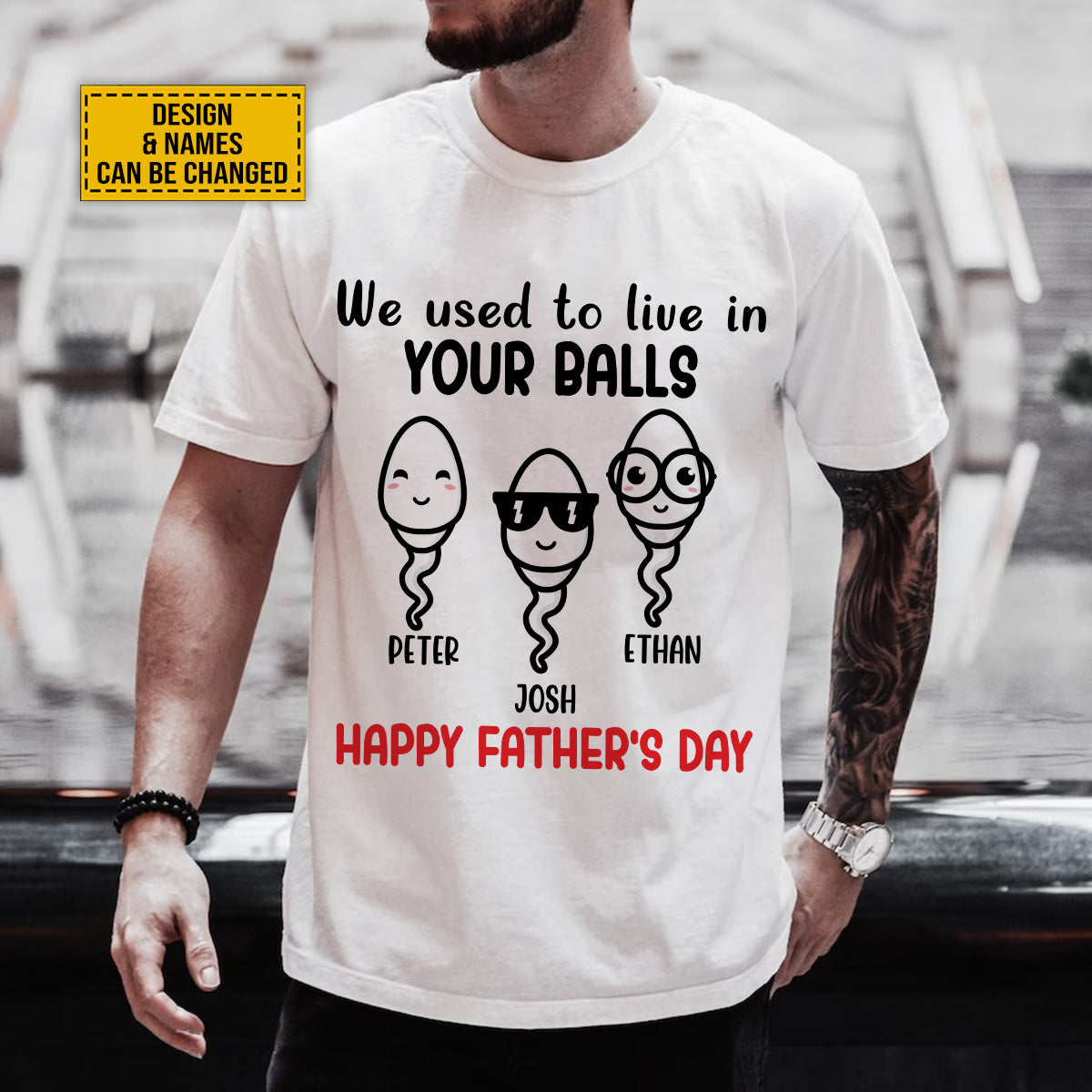 Teesdily | Personalized We Used To Live In Your Balls Happy Father's Day Shirt Humor Gift For Dad Unisex Tshirt Hoodie Sweatshirt Size S-5XL / Mug 11-15oz