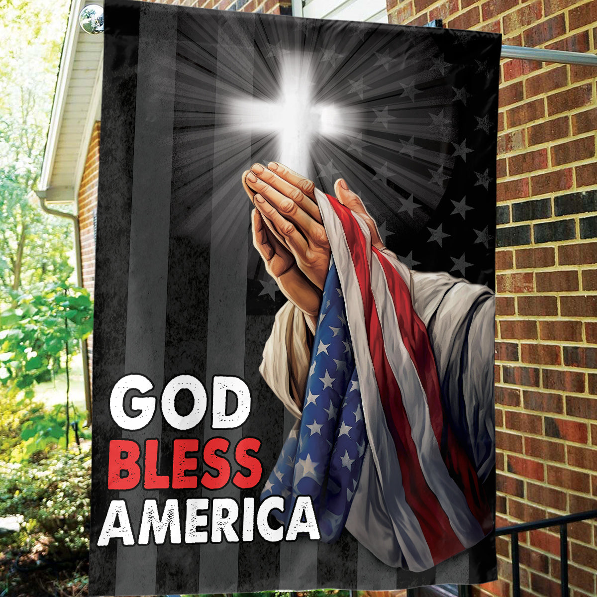 Teesdily | Jesus Christ Hand Praying Garden Flag, God Bless America House Flag, God American Flag Print, Christian Home Outdoor Decor