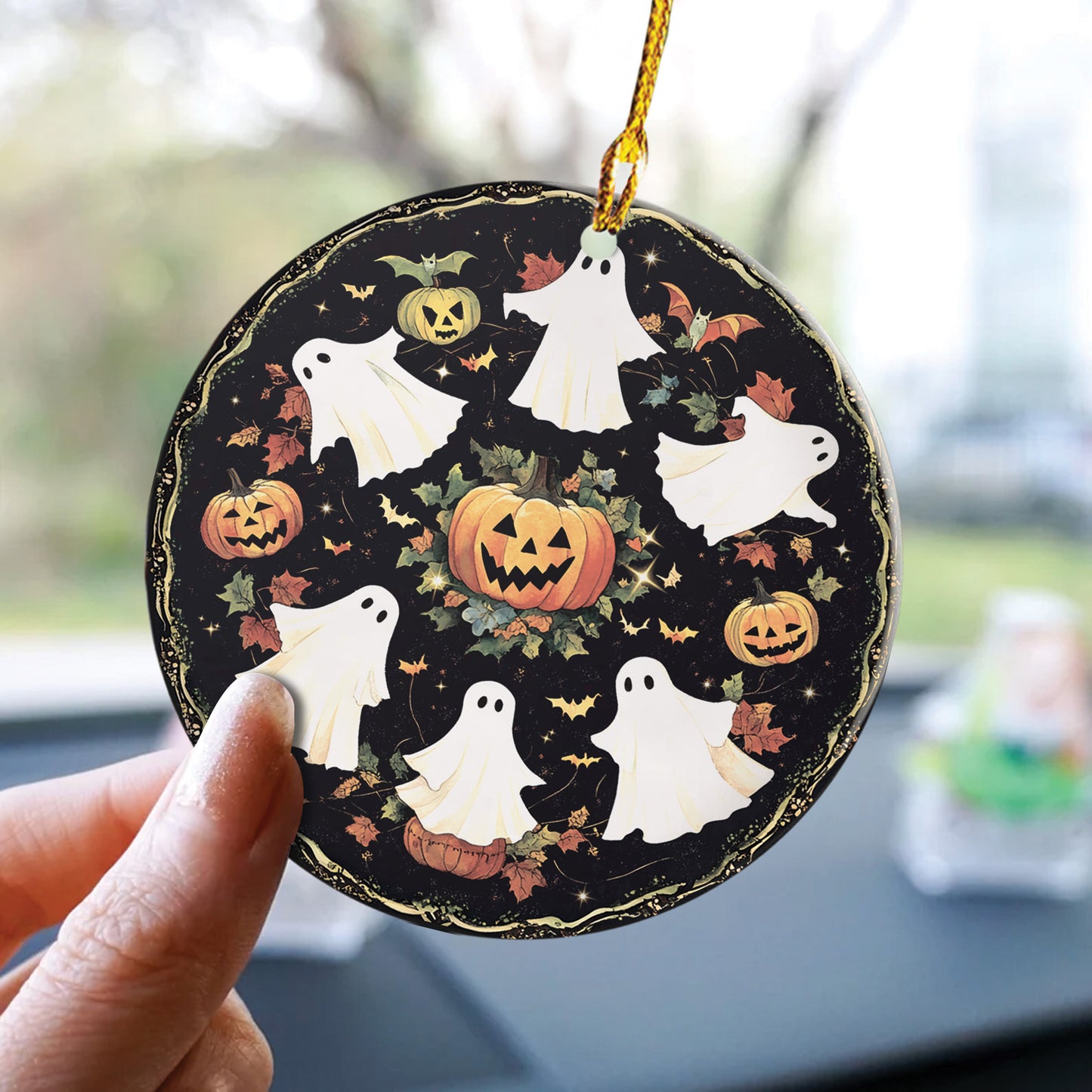 Teesdily | Halloween Cute Ghost Pumpkin Ceramic Ornament, Spooky Halloween Acrylic Ornament, Boo Boo Crew Window Hanging Ornament, Halloween Gifts