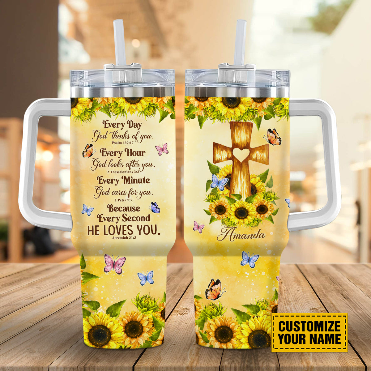 Teesdily | Jesus Cross Sunflower Customized Tumbler, Every Day God Thinks Of You Insulated Tumbler, Christian Personalized Gifts 40oz Tumbler