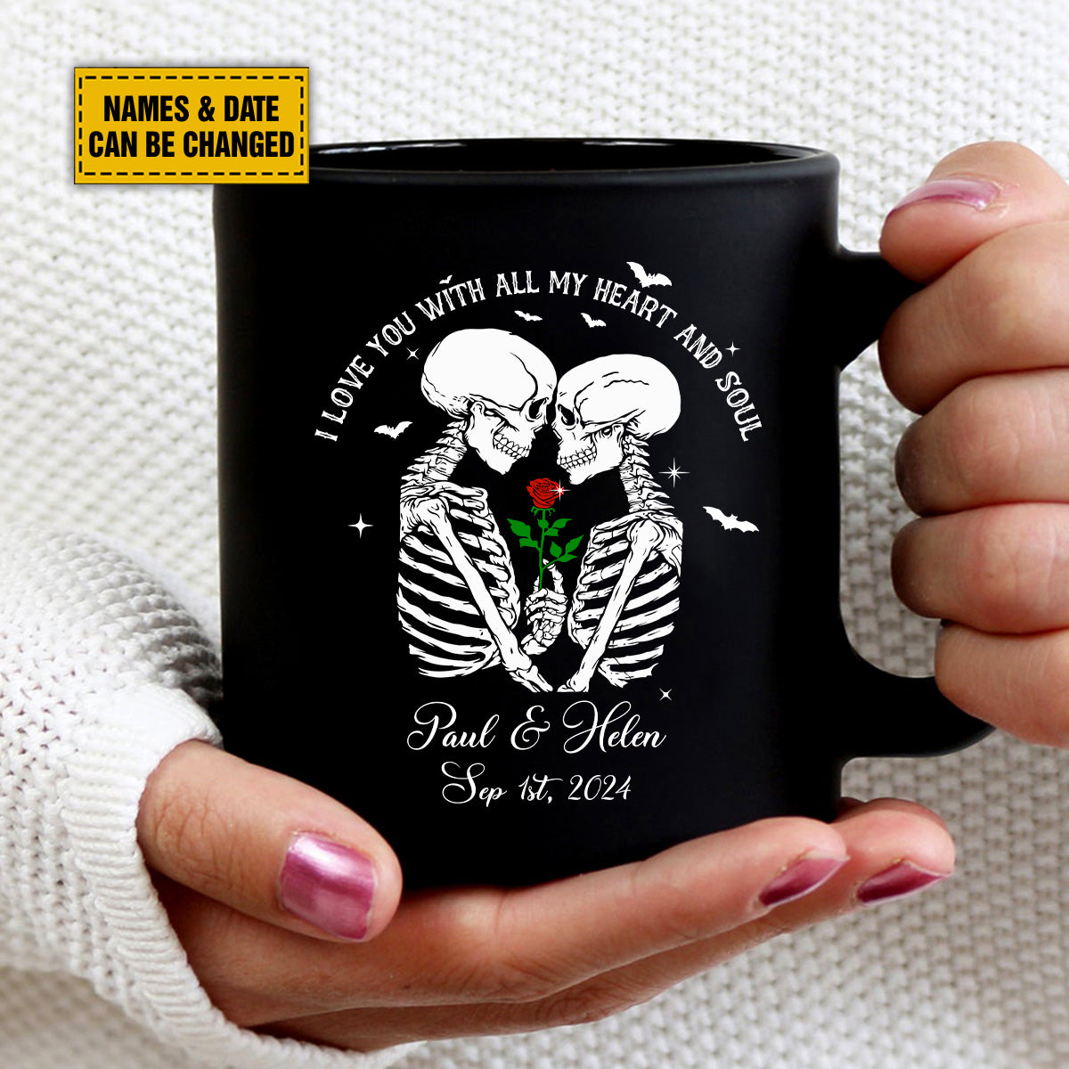 Teesdily | Customized Skull Couple Halloween Shirt, I Love You With All My Heart And Soul Sweatshirt Hoodie Mug, Couple Skull T-shirt, Halloween Gift