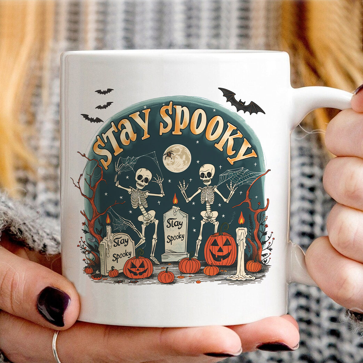 Teesdily | Skeleton Halloween Shirt, Stay Spooky Shirt, Dancing Skeleton Shirt, Retro Halloween Spooky Season Sweatshirt Hoodie Mug