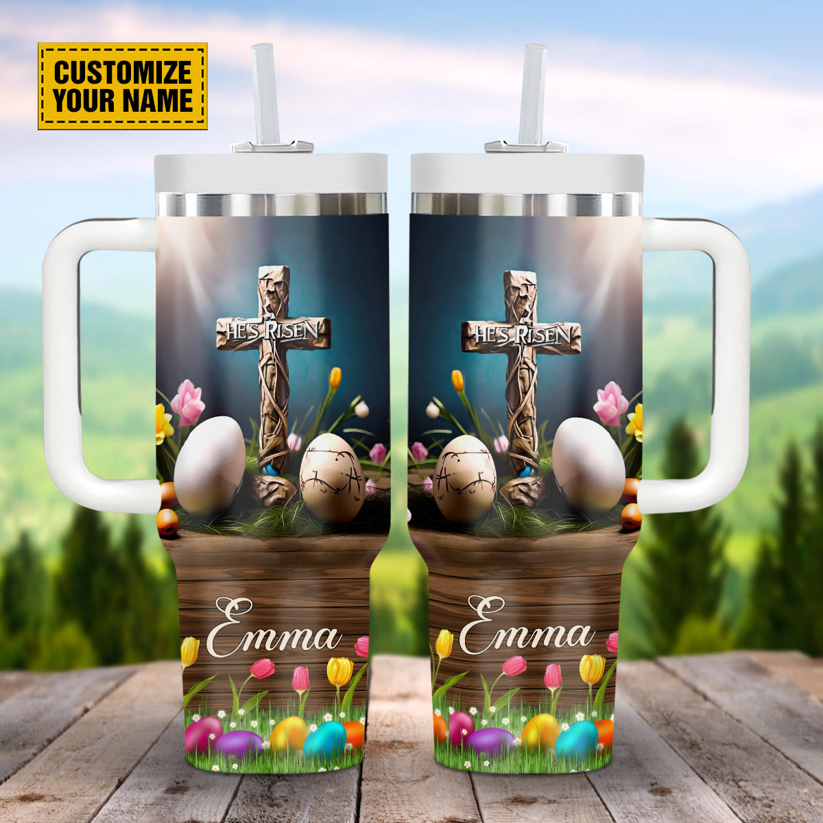 Teesdily | Customized He Is Risen Easter 40Oz Water Tumbler, Easter Day Custom Gifts, Ester Eggs Cross 40Oz Tumbler With Handle & Straw