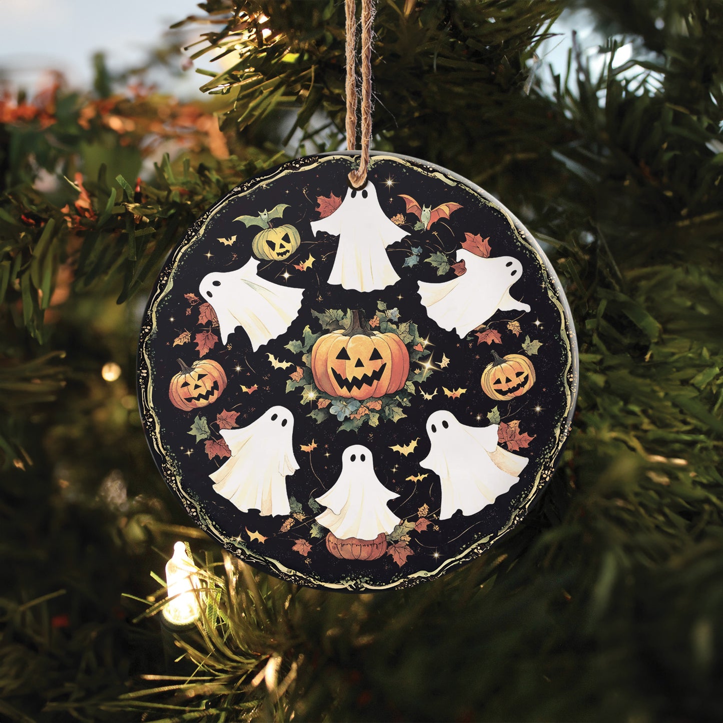 Teesdily | Halloween Cute Ghost Pumpkin Ceramic Ornament, Spooky Halloween Acrylic Ornament, Boo Boo Crew Window Hanging Ornament, Halloween Gifts