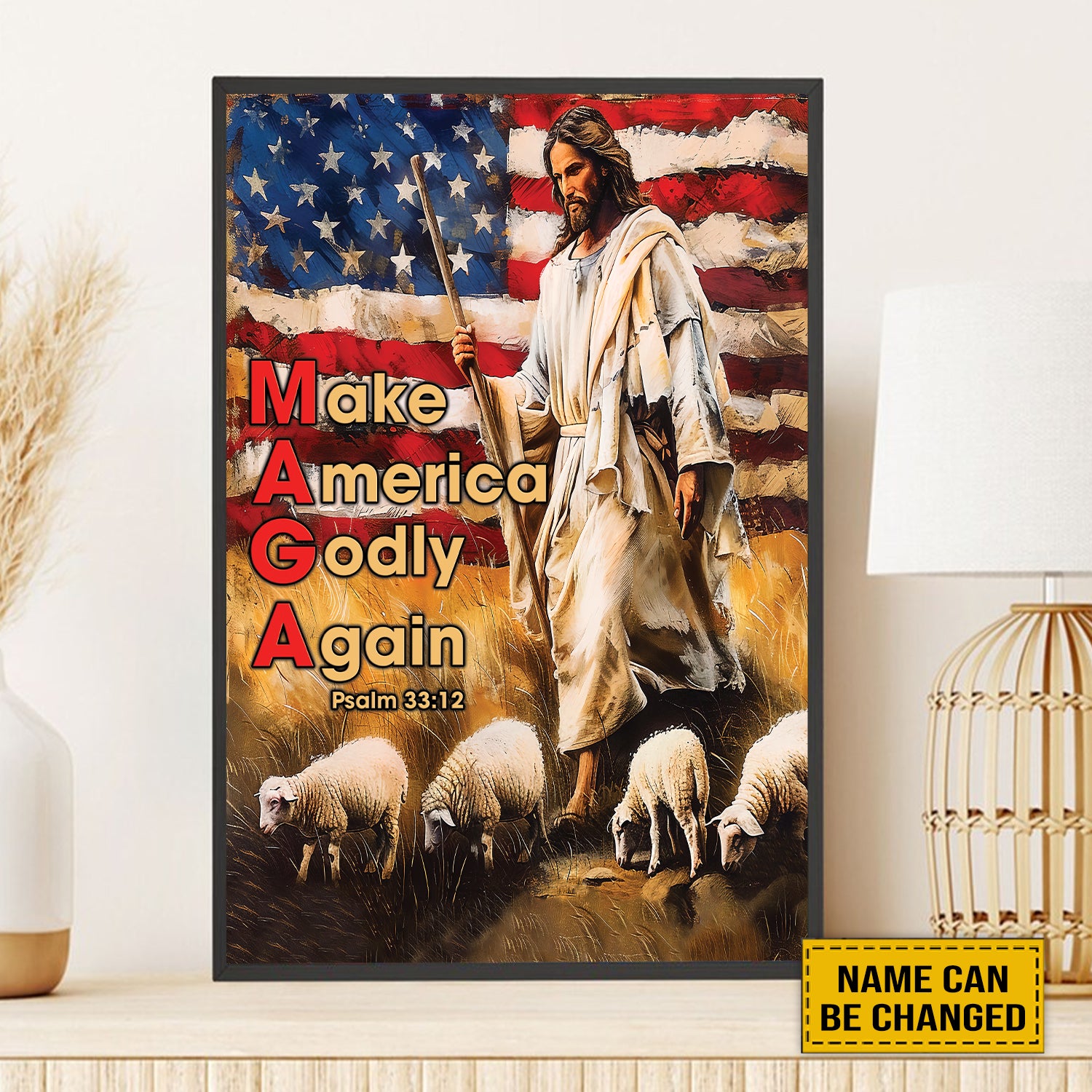 Teesdily | Customized Jesus Make America Godly Again Poster, Lamb Of Jesus, American Flag Poster, Gift For Jesus Lover, Poster No Frame/ Wrapped Canvas
