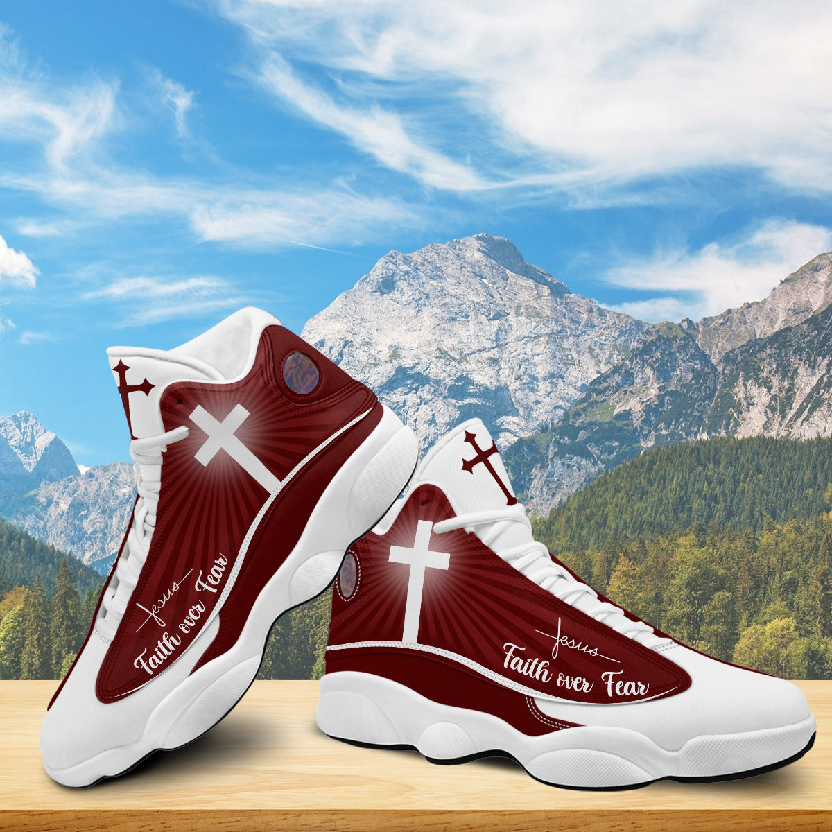 Teesdily | Jesus Faith Over Fear Basketball Shoes, Jesus Basketball Shoes Red Design, Gift For Jesus Lovers, Christian Gifts Unisex Basketball Shoes With Thick Soles