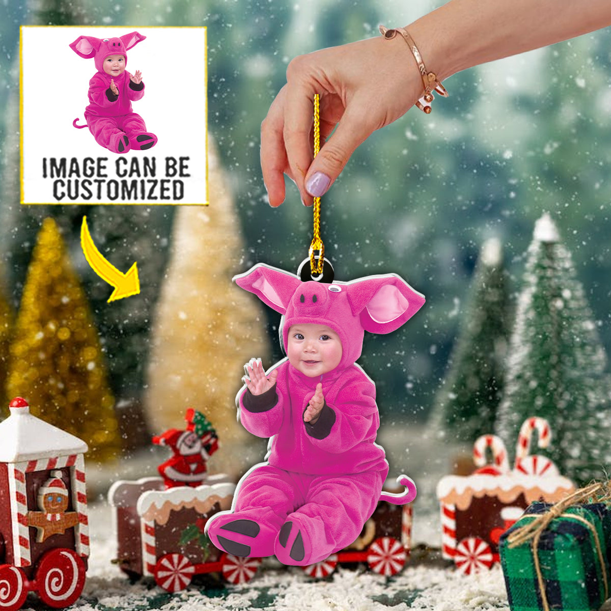 Teesdily | Customized Baby Pig Costume Christmas Hanging Ornament Personalised Photo Christmas Ornament Merry Christmas Daughter Son Gifts