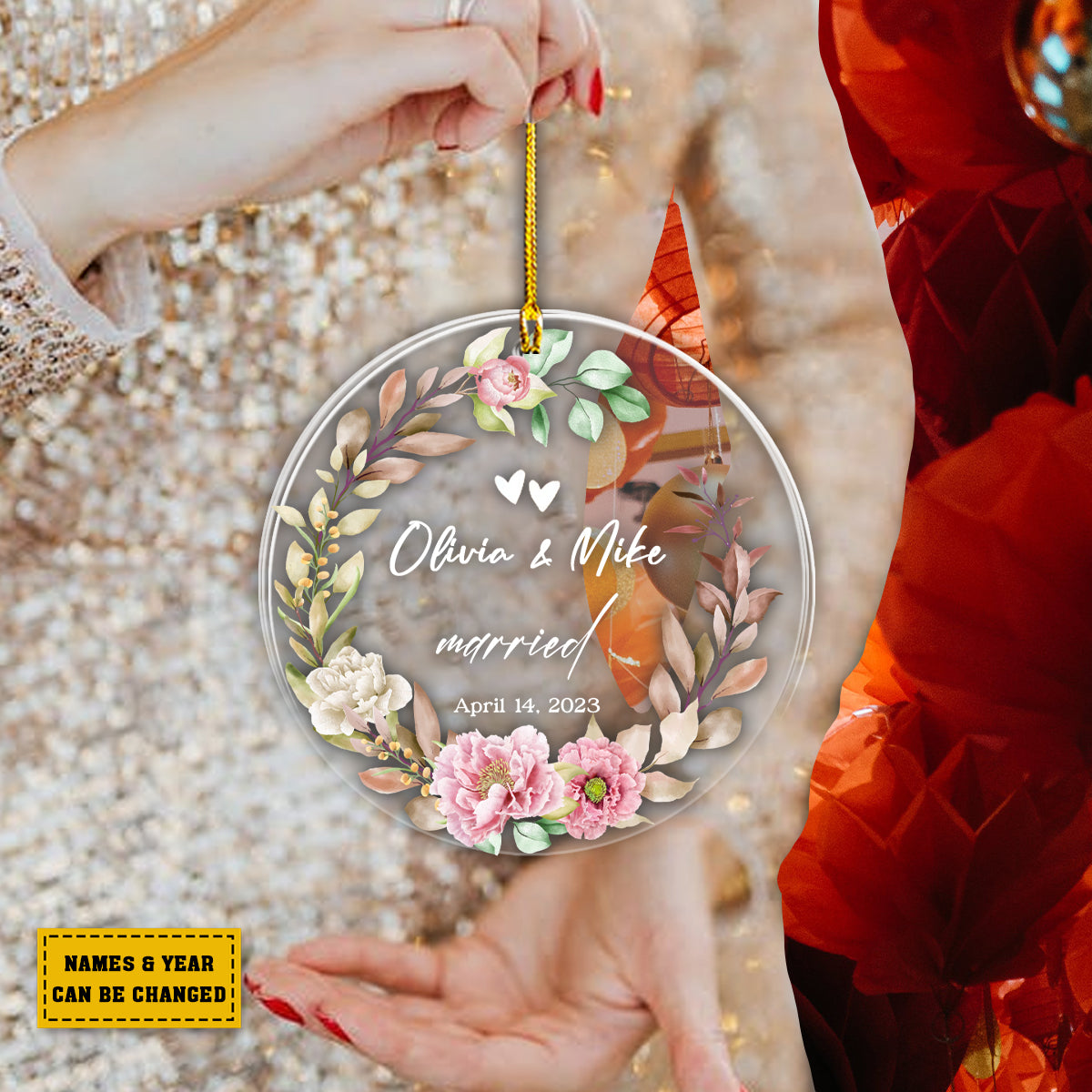 Teesdily | Married Customized Floral Watercolor Rear View Mirror Accessories, Our First Christmas Ornament, Newlywed Christmas Gifts, Xmas Tree Decor