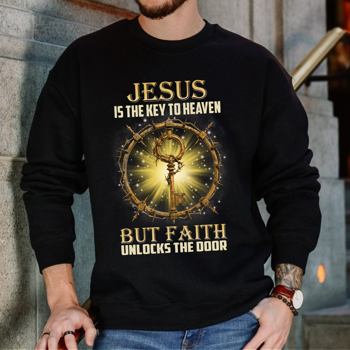 Teesdily | Jesus Christ Shirt, Jesus Is The Key To Heaven Shirt, Christian Crown Shirt, Religious Gifts Unisex Tshirt Hoodie Sweatshirt Mug