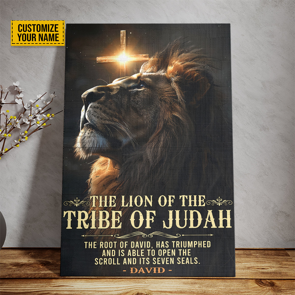 Teesdily | Personalized Jesus Cross Lion Poster, The Lion Of The Tribe Of Judah Poster, Christ Wall Art Bible Quote, Poster No Frame/ Wrapped Canvas