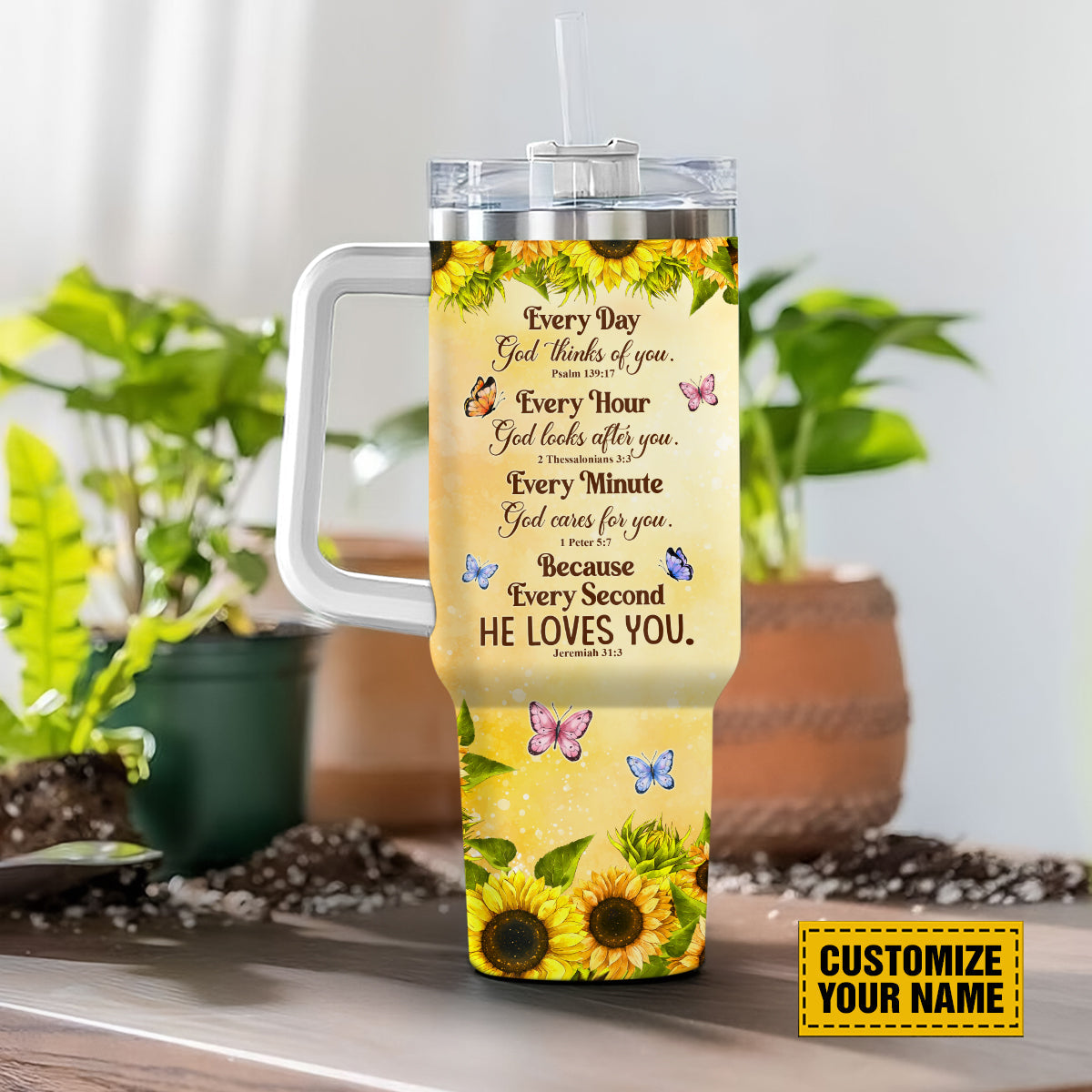 Teesdily | Jesus Cross Sunflower Customized Tumbler, Every Day God Thinks Of You Insulated Tumbler, Christian Personalized Gifts 40oz Tumbler