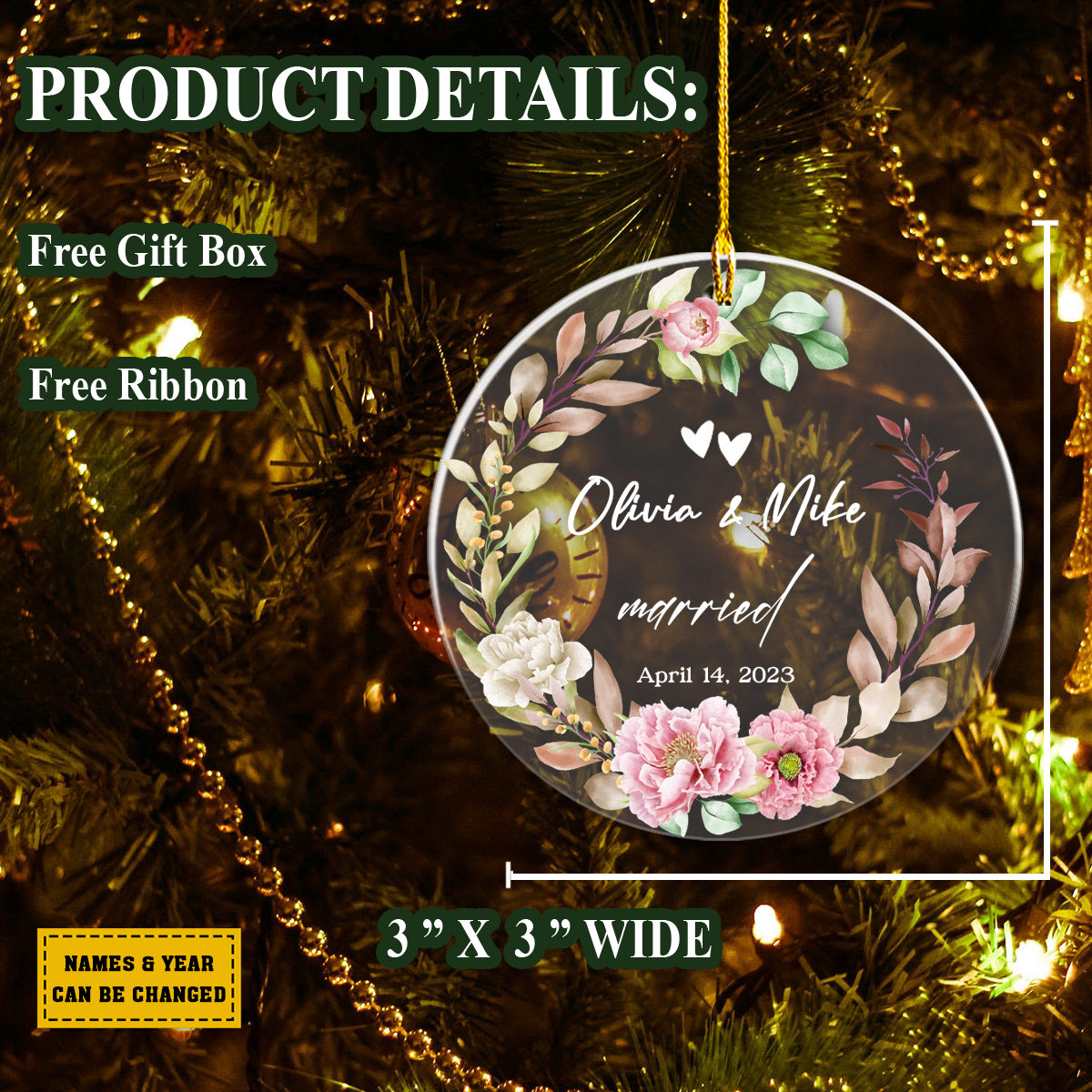 Teesdily | Married Customized Floral Watercolor Rear View Mirror Accessories, Our First Christmas Ornament, Newlywed Christmas Gifts, Xmas Tree Decor