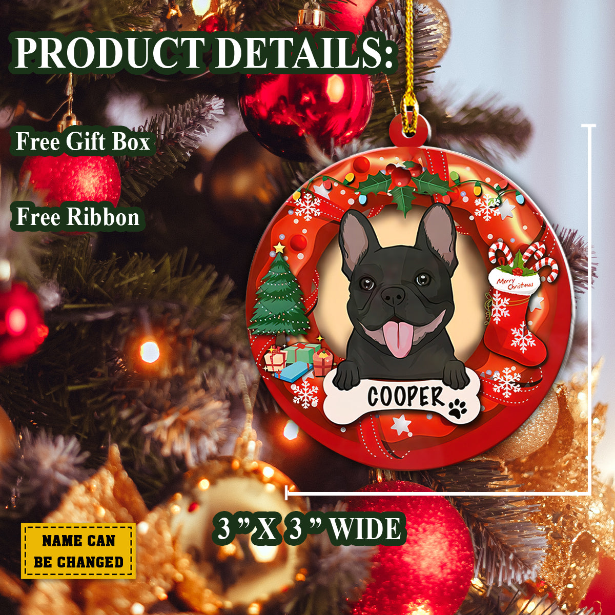Teesdily | French Bulldog Customized Christmas Ornament Pet Ornament Christmas Keepsake Holiday Party Decoration French Bulldog Lover Xmas Decoration