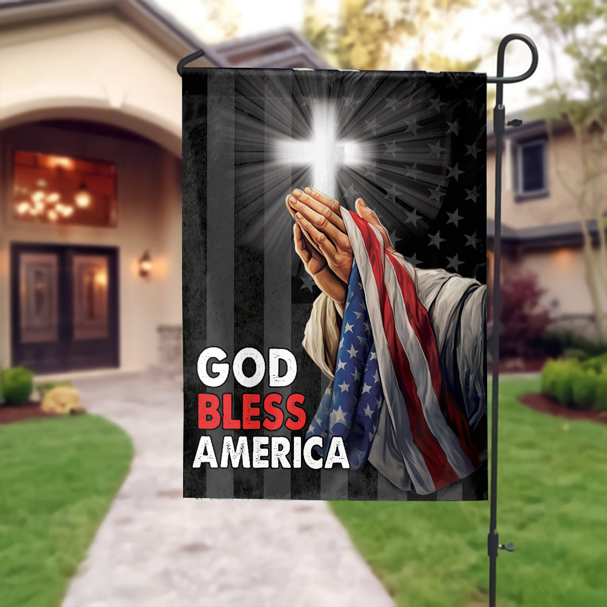 Teesdily | Jesus Christ Hand Praying Garden Flag, God Bless America House Flag, God American Flag Print, Christian Home Outdoor Decor