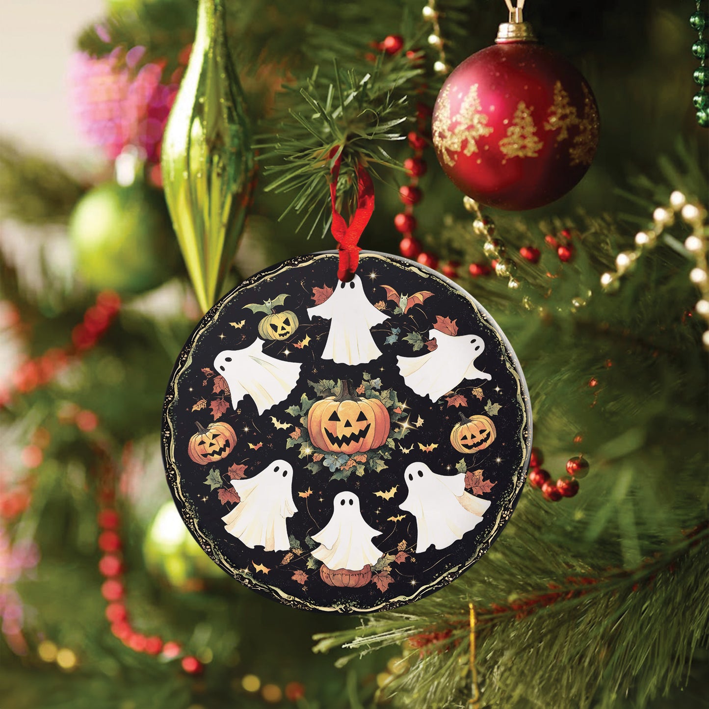 Teesdily | Halloween Cute Ghost Pumpkin Ceramic Ornament, Spooky Halloween Acrylic Ornament, Boo Boo Crew Window Hanging Ornament, Halloween Gifts