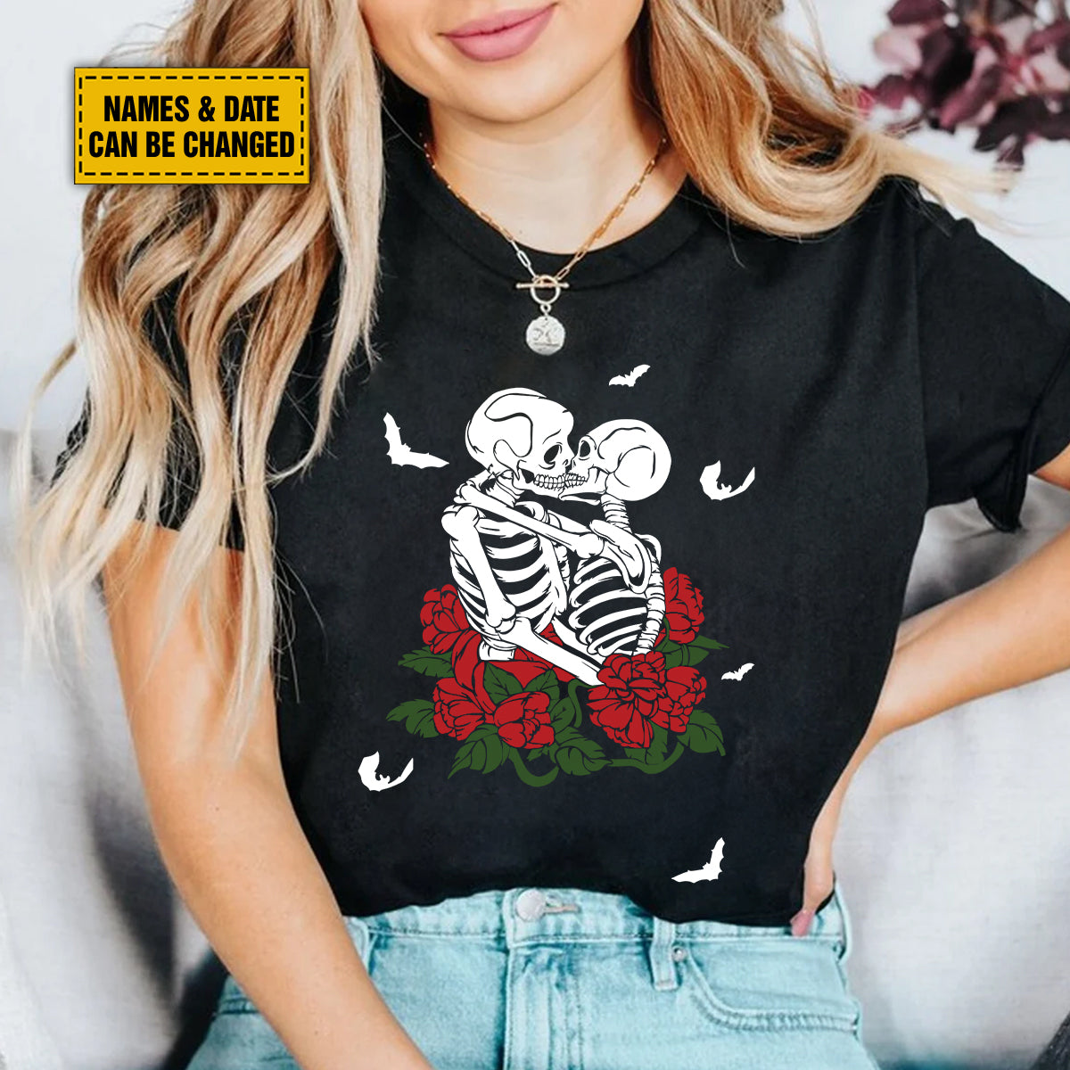 Teesdily | Personalized Spooky Skeleton Shirt, Couple Skeleton Halloween Hoodie Sweatshirt Mug, Skeleton Rose Romantic Couple Matching, Halloween Gift