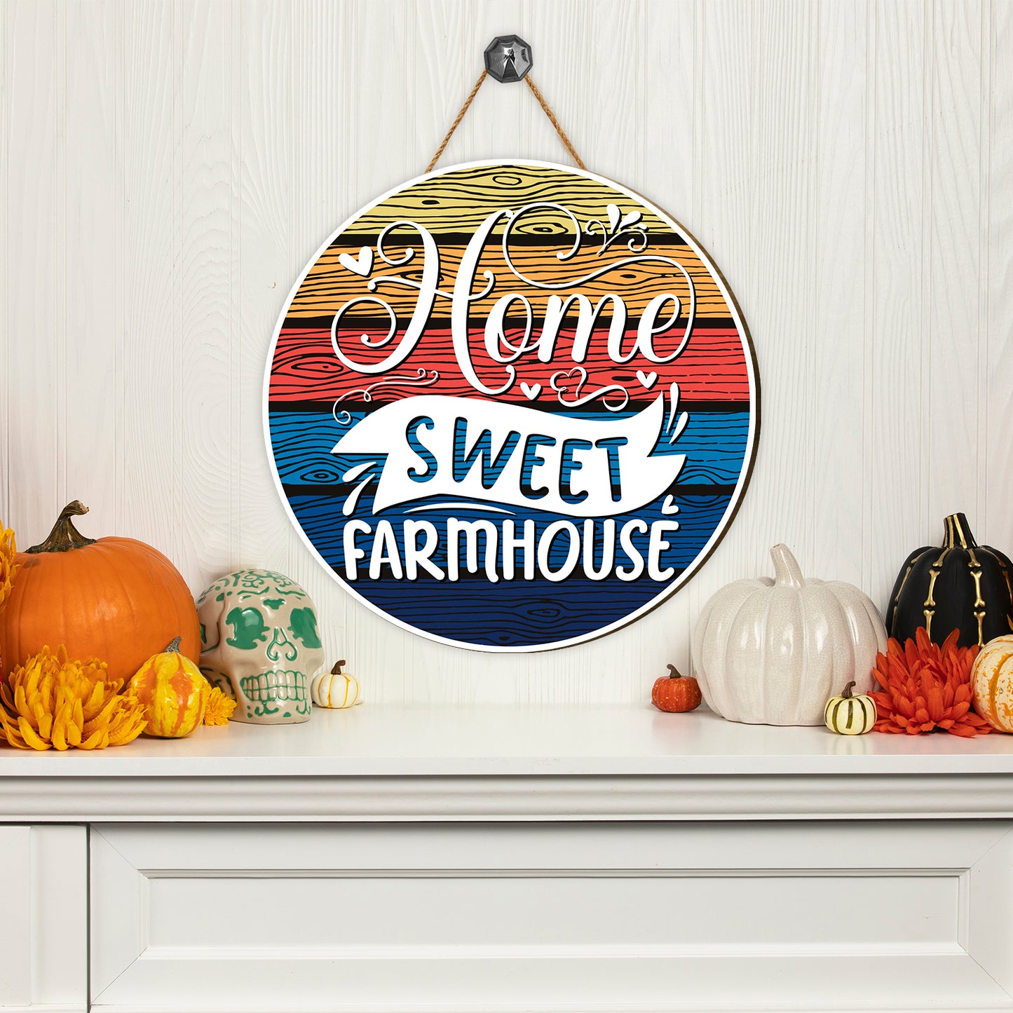 Teesdily | Thanksgiving Round Home Sign, Home Sweet Farmhouse Vintage Welcome Wood Sign, Farm Wood Signs Home Decor, Farmhouse Porch Decoration