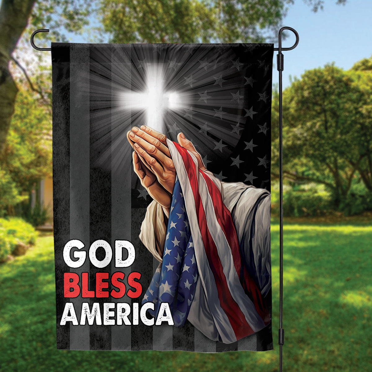 Teesdily | Jesus Christ Hand Praying Garden Flag, God Bless America House Flag, God American Flag Print, Christian Home Outdoor Decor
