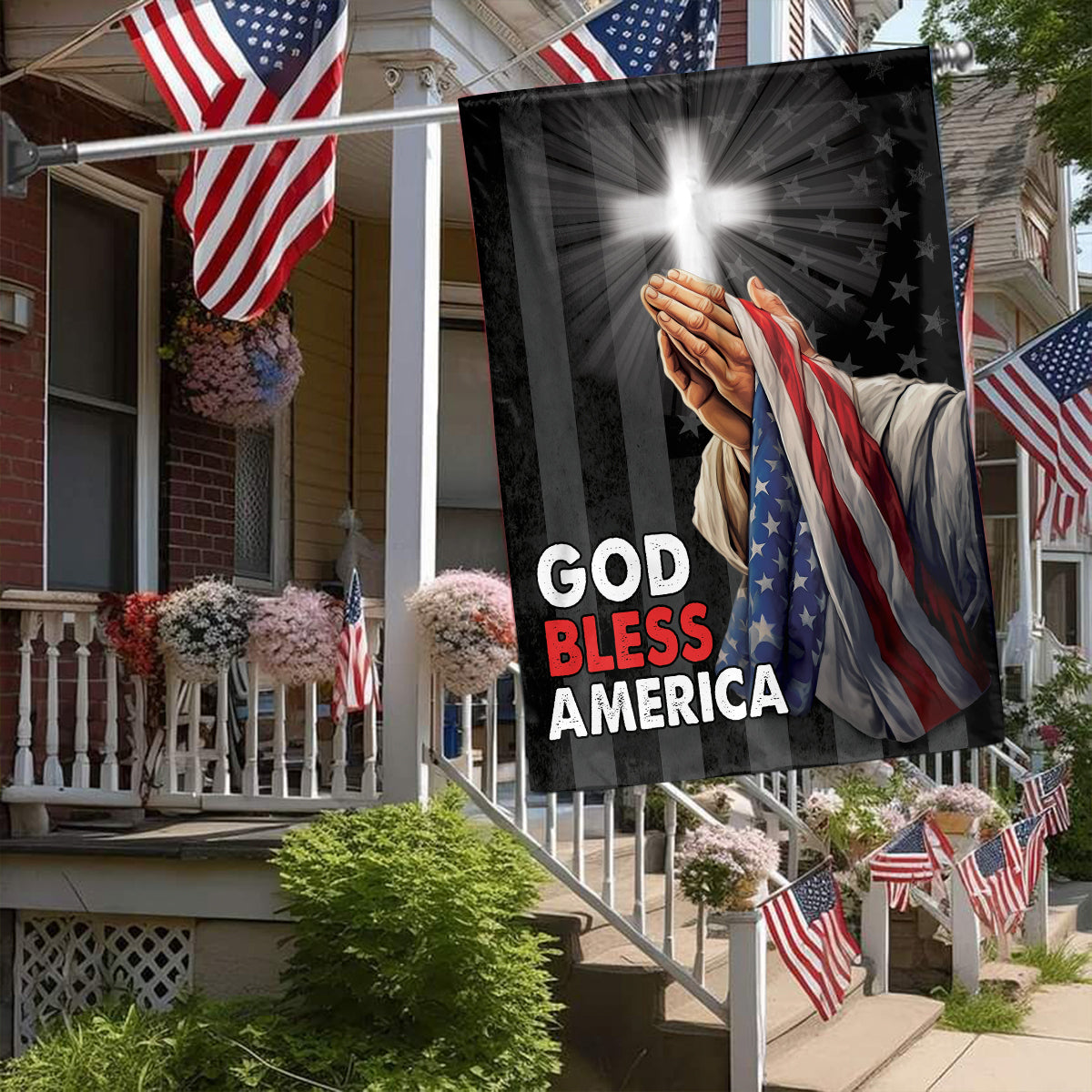 Teesdily | Jesus Christ Hand Praying Garden Flag, God Bless America House Flag, God American Flag Print, Christian Home Outdoor Decor