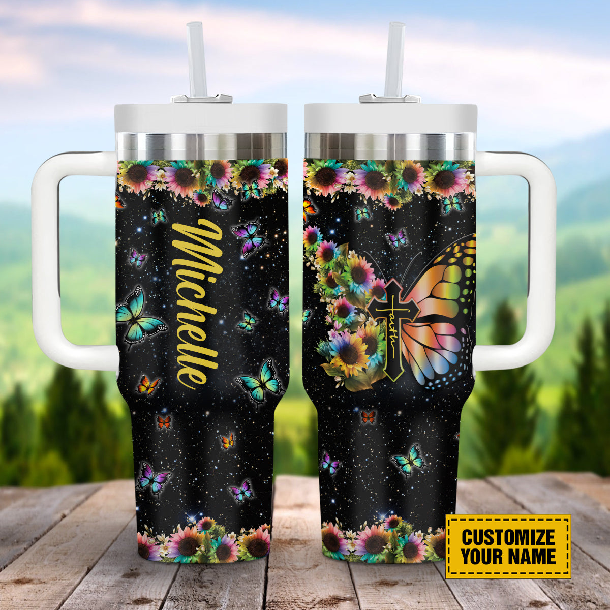 Teesdily | Customized Butterfly Colorful Tumbler, Sunflower Custom Water Tumbler, God Faith Believer Gifts 40Oz Tumbler With Handle & Straw
