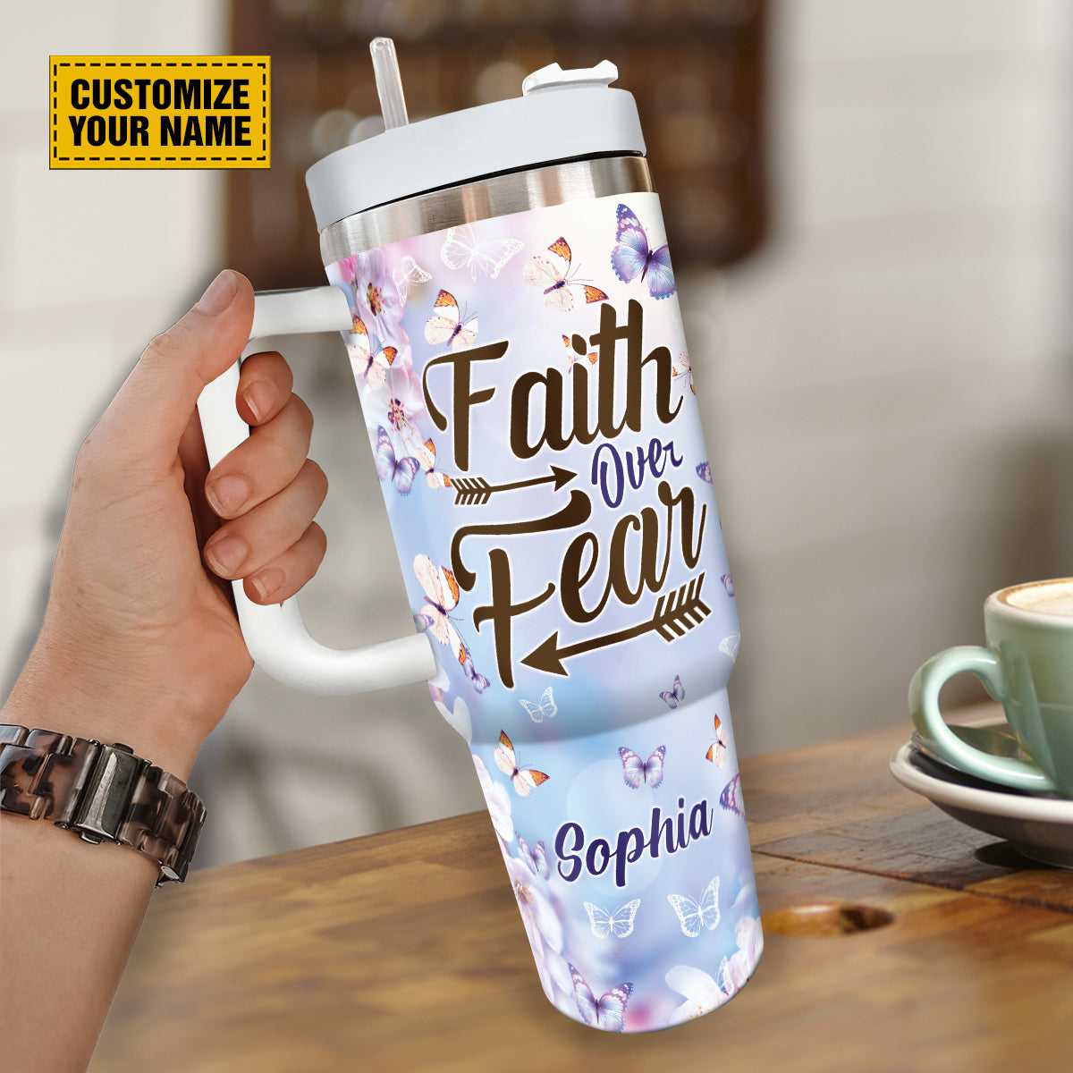 Teesdily | Customized Butterfly Insulated Tumbler, Faith Over Fear Jesus Facts 40oz Tumbler With Handle, God Faith Believers, God Inspirational Gifts