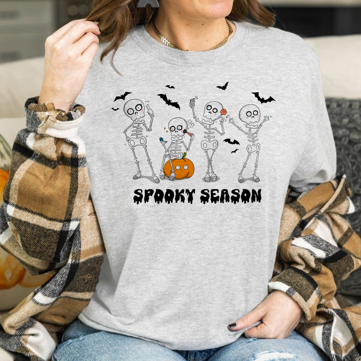Teesdily | Funny Skeleton Halloween Shirt, Spooky Season Sweatshirt Hoodie Mug, Pumpkn Bat Skeleton Dancing Fall T-shirt, Gift For Halloween Holiday