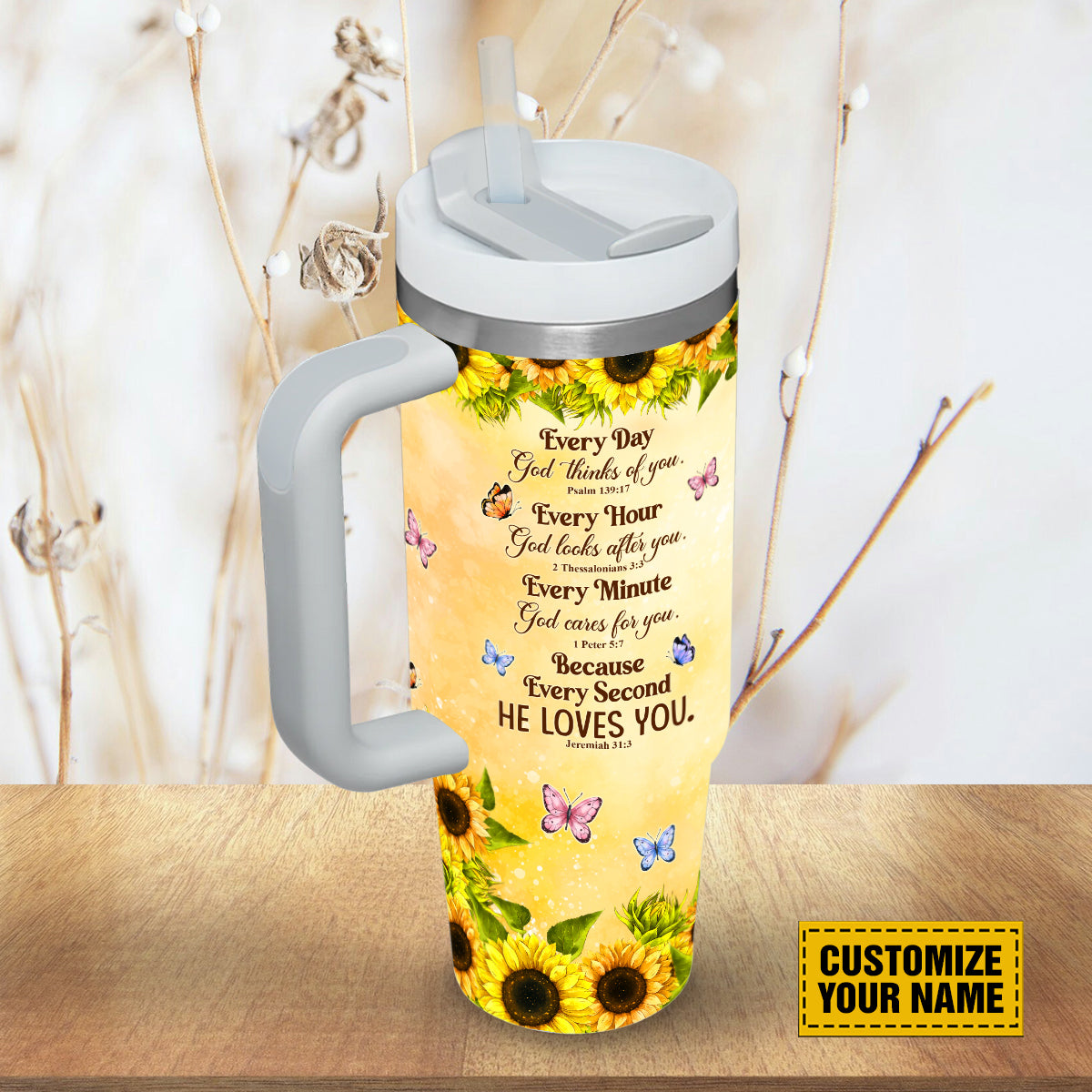 Teesdily | Jesus Cross Sunflower Customized Tumbler, Every Day God Thinks Of You Insulated Tumbler, Christian Personalized Gifts 40oz Tumbler