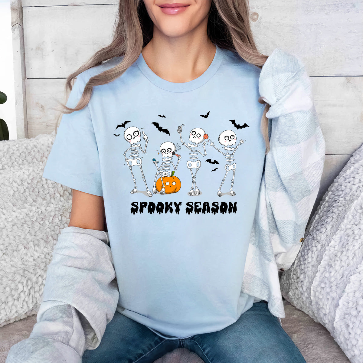 Teesdily | Funny Skeleton Halloween Shirt, Spooky Season Sweatshirt Hoodie Mug, Pumpkn Bat Skeleton Dancing Fall T-shirt, Gift For Halloween Holiday