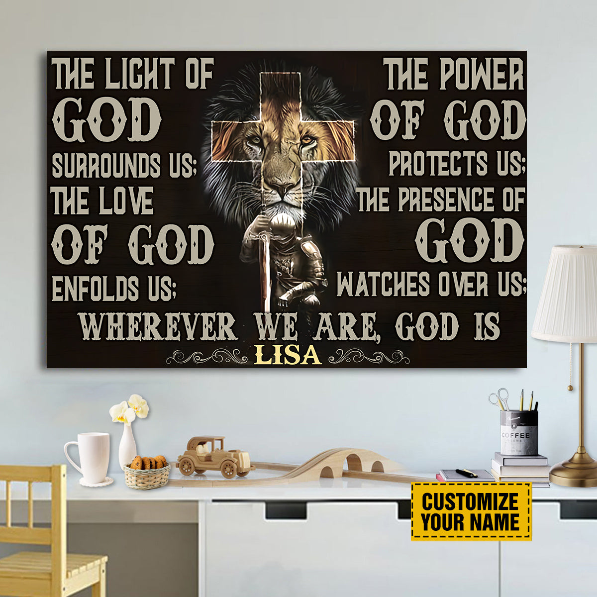 Teesdily | Customized Lion Of Judah Poster, Warrior Of God Canvas Poster, The Light Of God Surrounds Us, Chirstian Home Decor Poster No Frame/ Wrapped Canvas