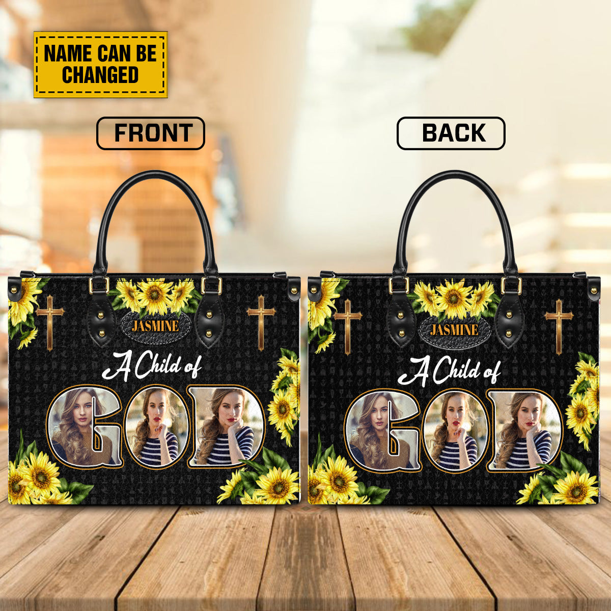 Teesdily | Customized Sunflower Jesus Cross Leather Handbag, Christian Leather Handbag A Child Of God, Jesus Lovers Gift
