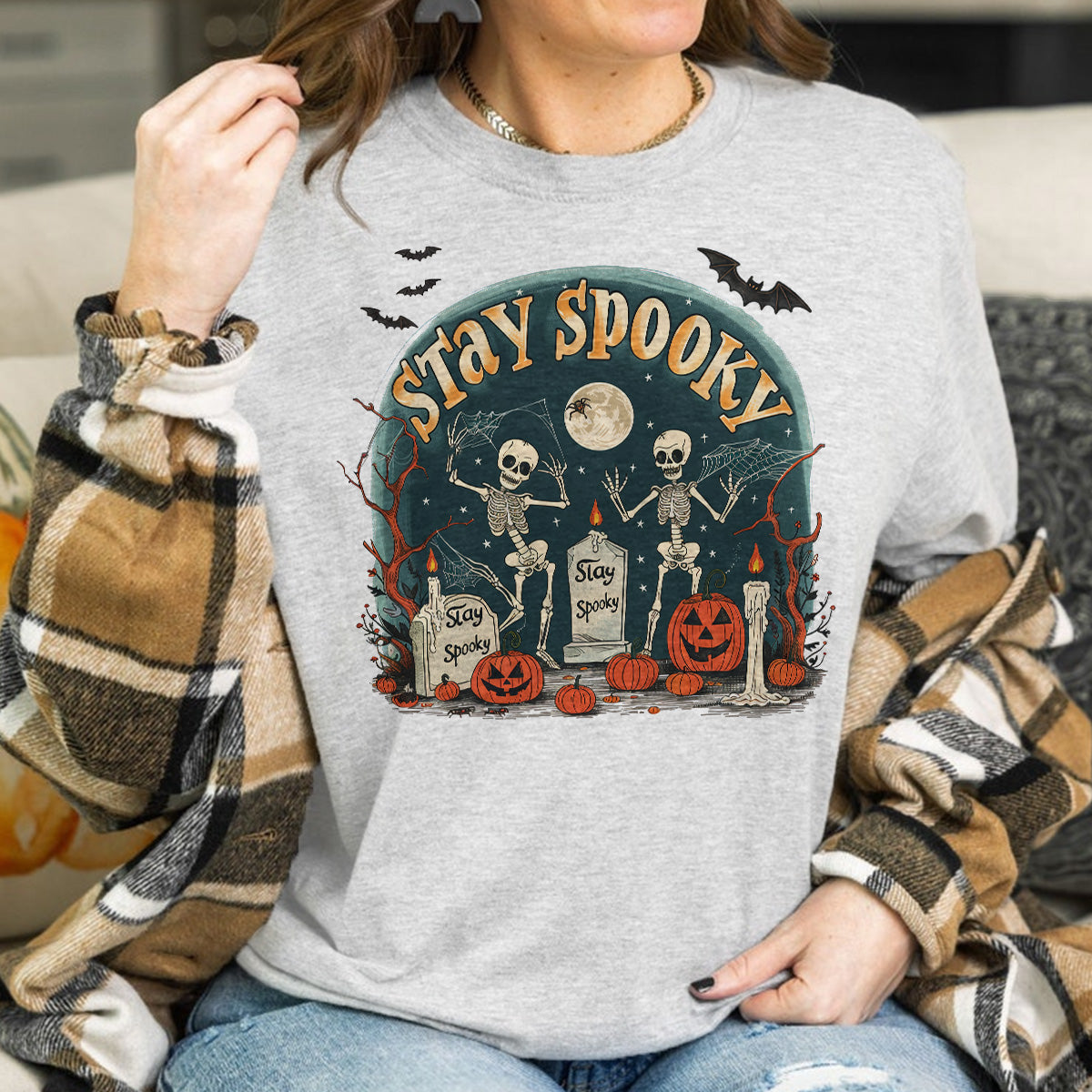 Teesdily | Skeleton Halloween Shirt, Stay Spooky Shirt, Dancing Skeleton Shirt, Retro Halloween Spooky Season Sweatshirt Hoodie Mug