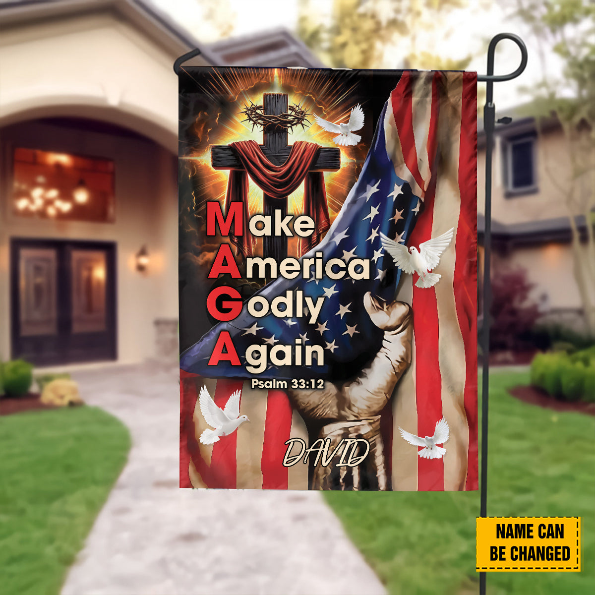 Teesdily | Personalized Cross American Flag, Make America Godly Again House Flag, God Garden Flag Decor Independence Day, Jesus Lover Gifts
