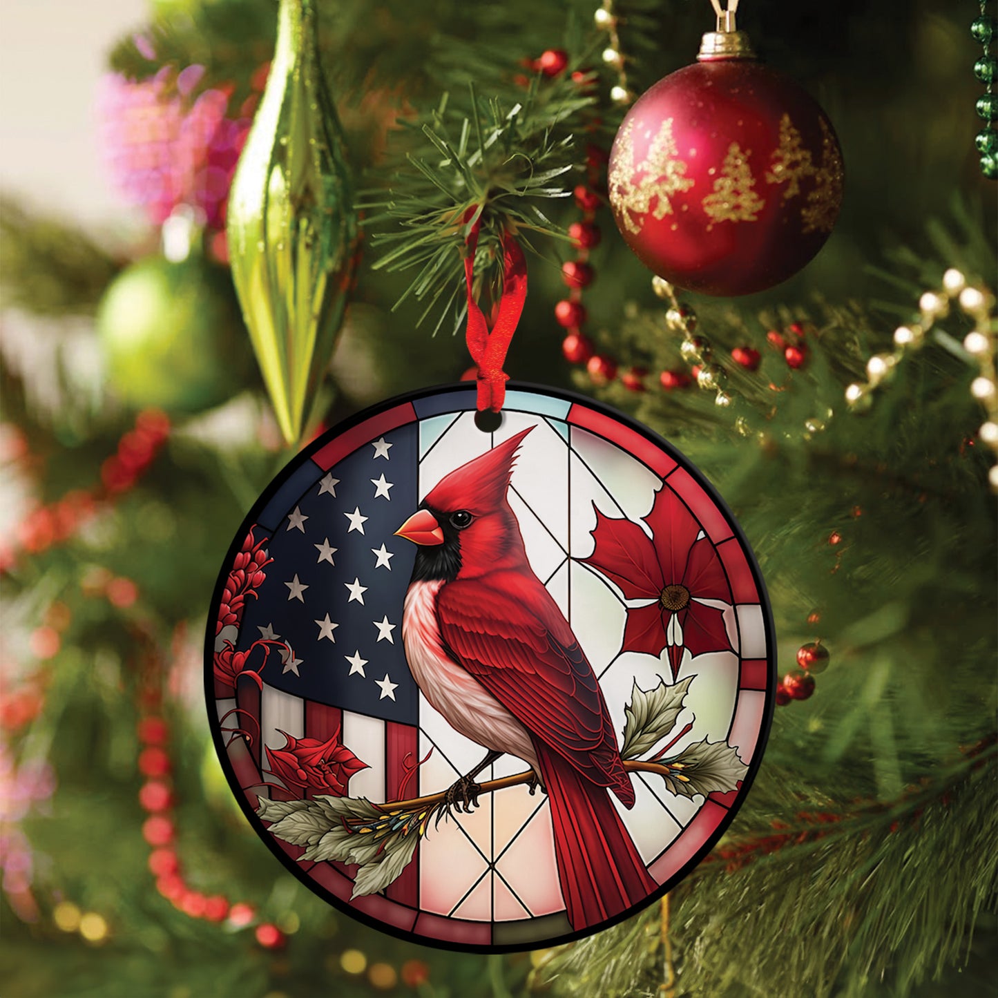 Teesdily | Cardinal Bird American Flag Ceramic Ornament, Cardinal Bird Red Design Acrylic Ornament Christmas Decoration, Church Religious Jesus Lovers Gifts