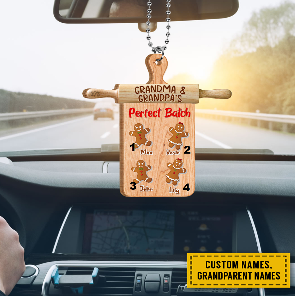 Teesdily | Grandma And Grandpa Perfect Batch Custom Grandkids Name Ornament Cute Gingerbread Cookie Car Ornament Grandparent Cooking Lover Gifts