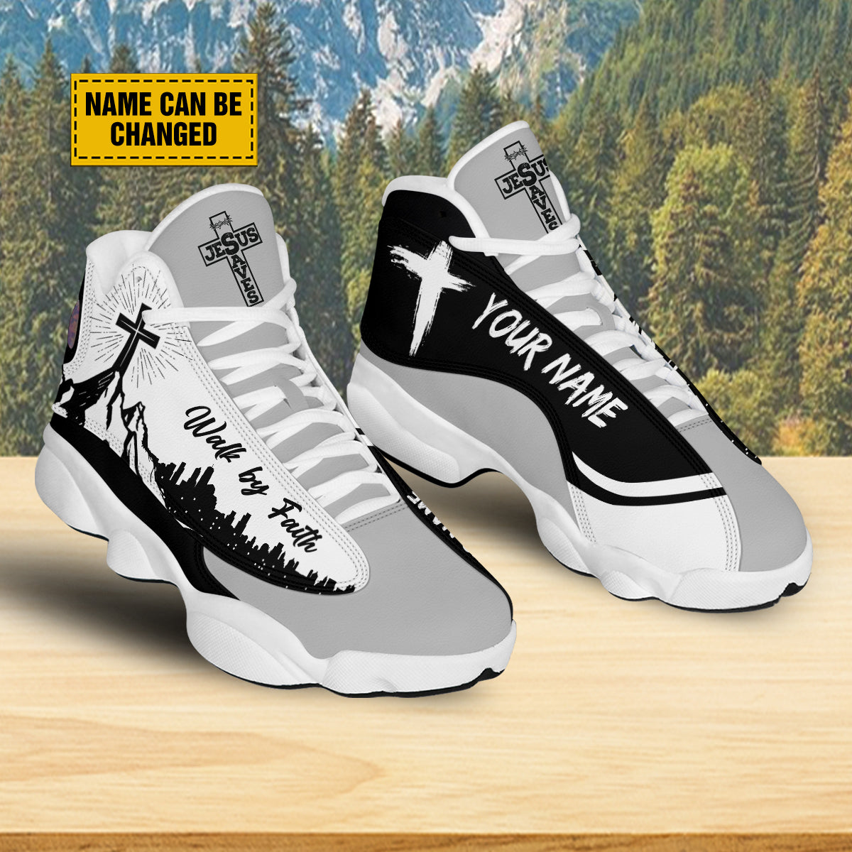 Teesdily | Personalized Jesus Walk By Faith Basketball Shoes, Jesus Cross Mountain Basketball Sneaker, Christian Footwear Unisex Basketball Shoes With Thick Soles