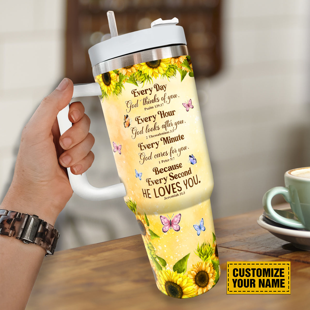 Teesdily | Jesus Cross Sunflower Customized Tumbler, Every Day God Thinks Of You Insulated Tumbler, Christian Personalized Gifts 40oz Tumbler