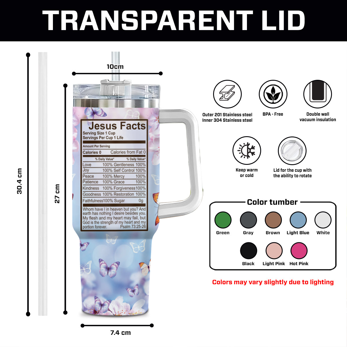 Teesdily | Customized Butterfly Insulated Tumbler, Faith Over Fear Jesus Facts 40oz Tumbler With Handle, God Faith Believers, God Inspirational Gifts